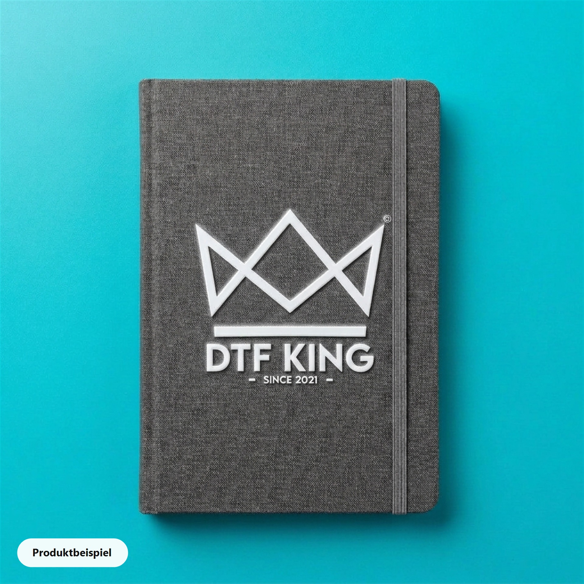 Notizbuch mit Leineneinband und mattem UV DTF Transfer, Produktbeispiel