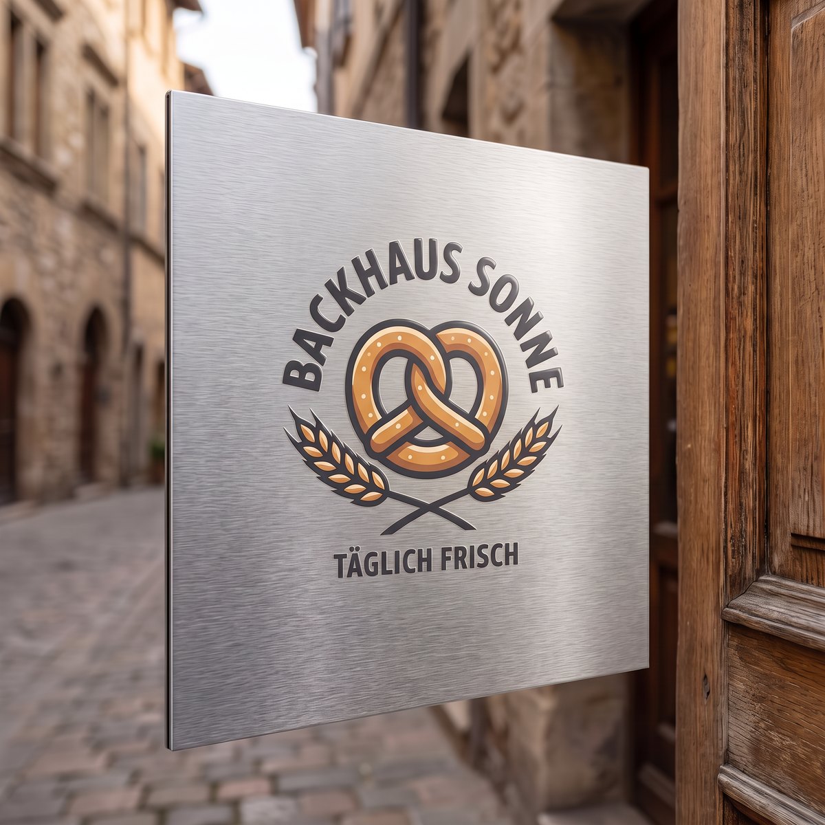 Aluminiumschild an einer Bäckerei mit UV-DTF Rub-On-Aufkleber, Logo mit Brezel