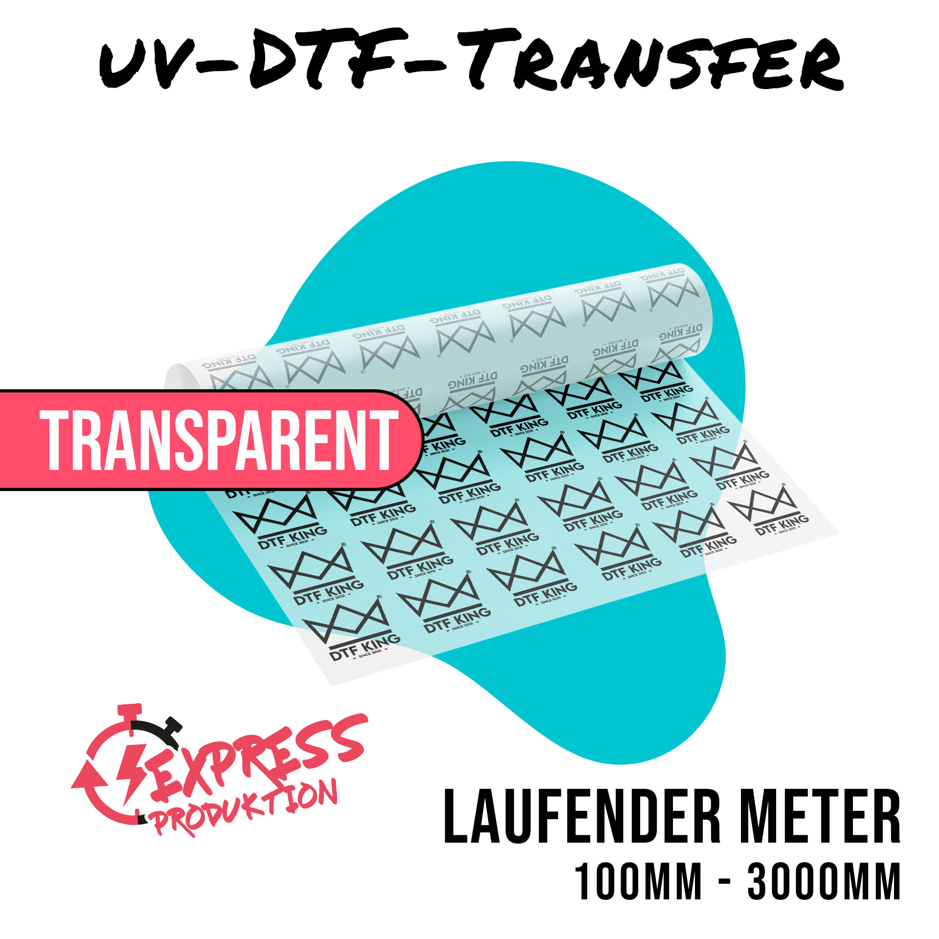 Printed transparent UV DTF rub-on film as a custom length, from 100 to 3000 mm long, marked as express production