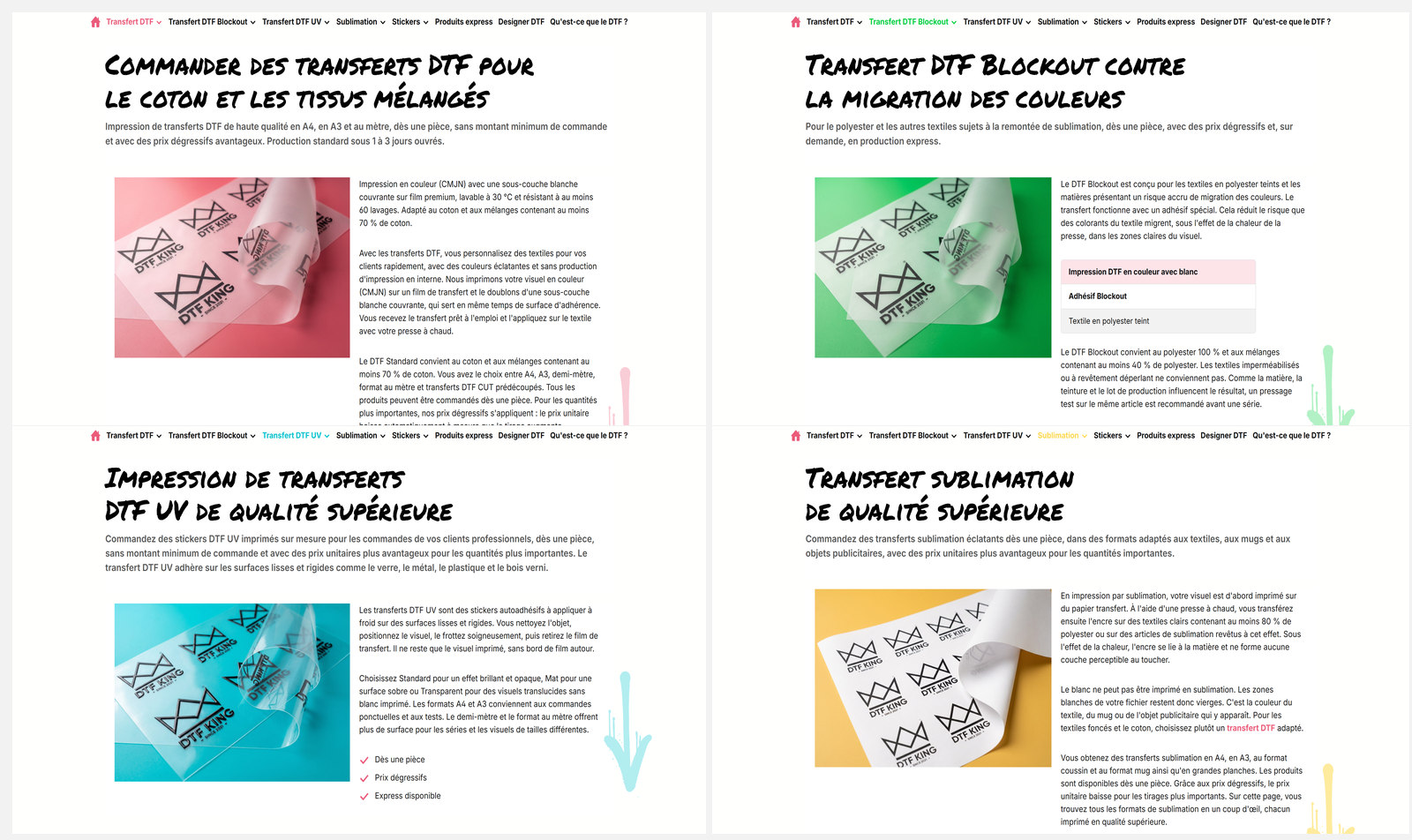 Quatre pages de catégorie françaises avec le point de menu en couleur