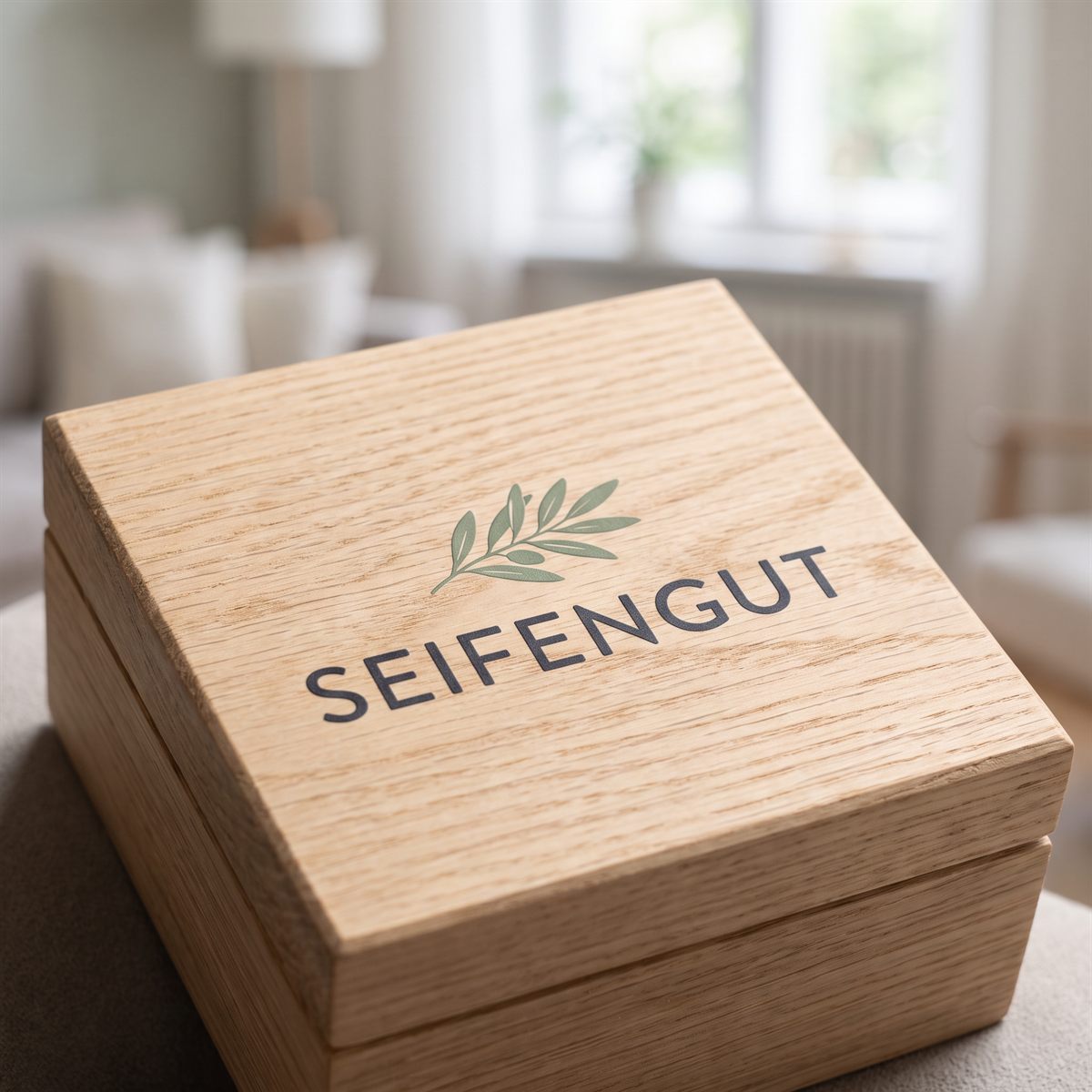 Light wooden box with a matt UV DTF rub-on sticker, dark lettering of a soap maker