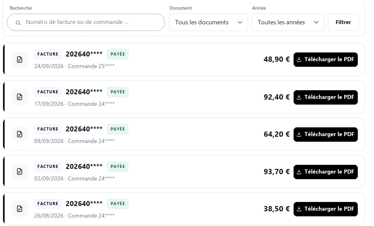 Liste des factures dans le compte client DTF-King avec le bouton pour télécharger le PDF
