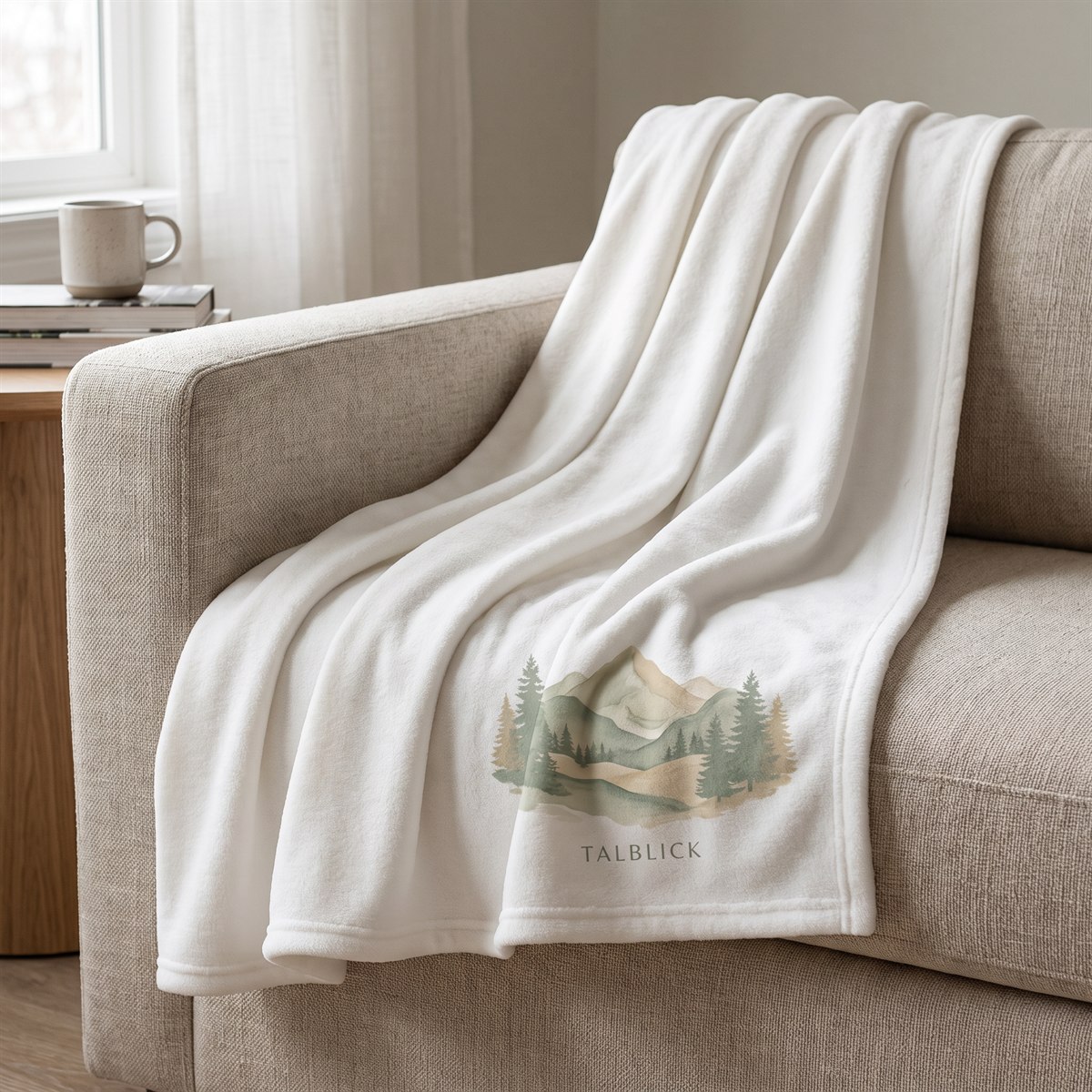 White fleece blanket with sublimation print, landscape design on the hem