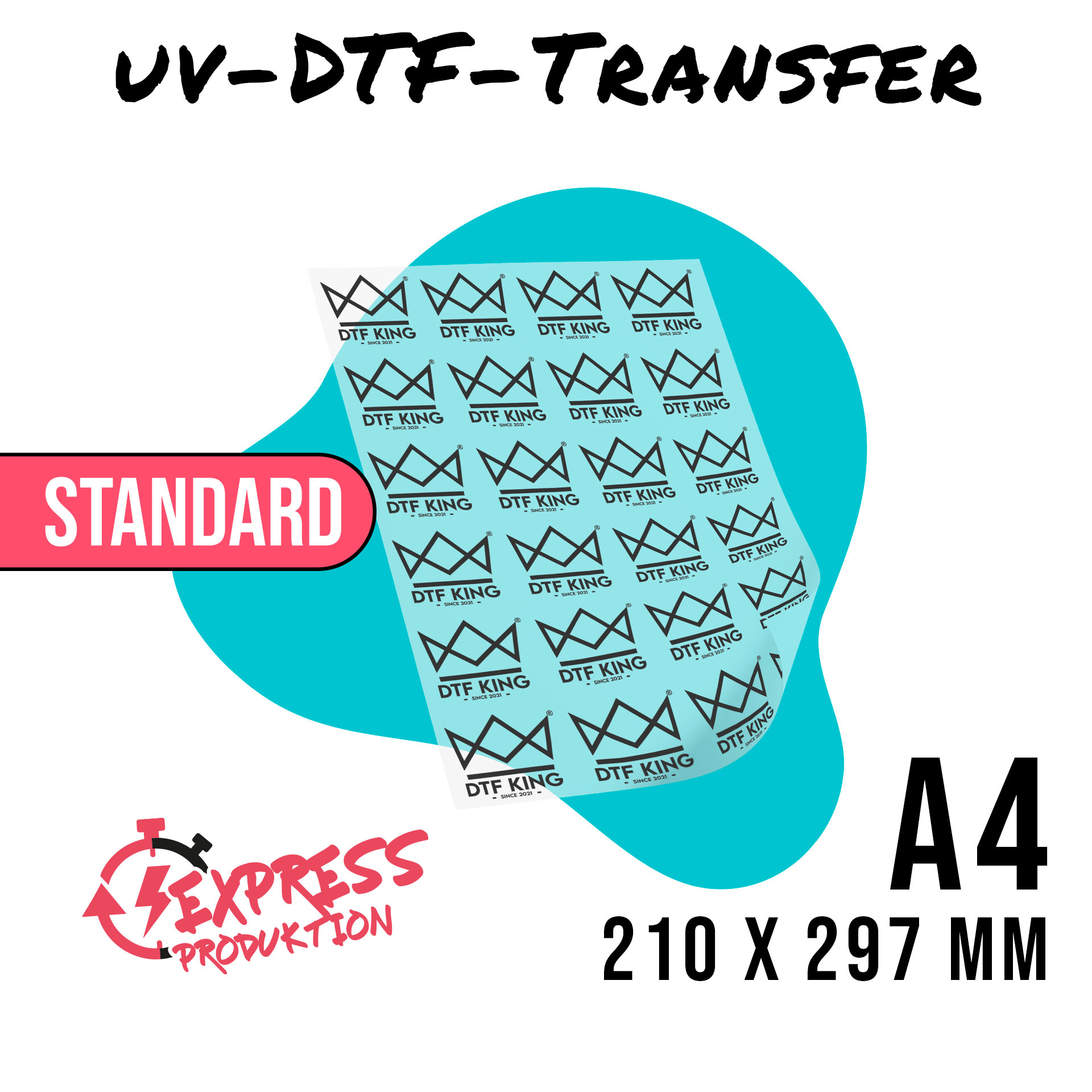 Printed UV DTF rub-on film in A4 format, 210 x 297 mm, marked as express production