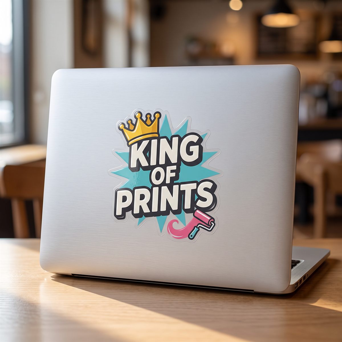 Silberner Laptopdeckel mit UV-DTF Rub-on Aufkleber, farbiges Logo mit Krone