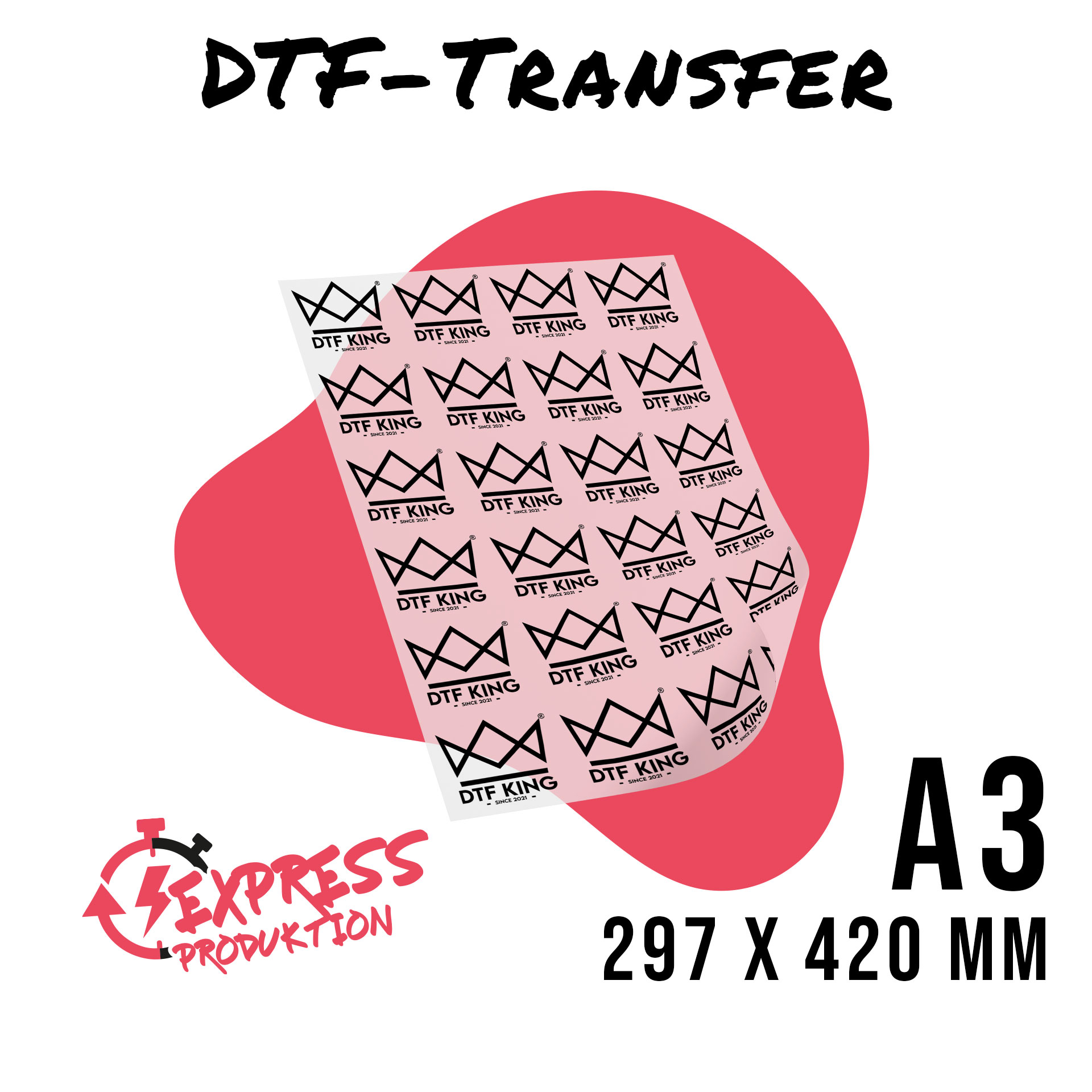 Printed DTF transfer film in A3 format, 297 x 420 mm, marked as express production