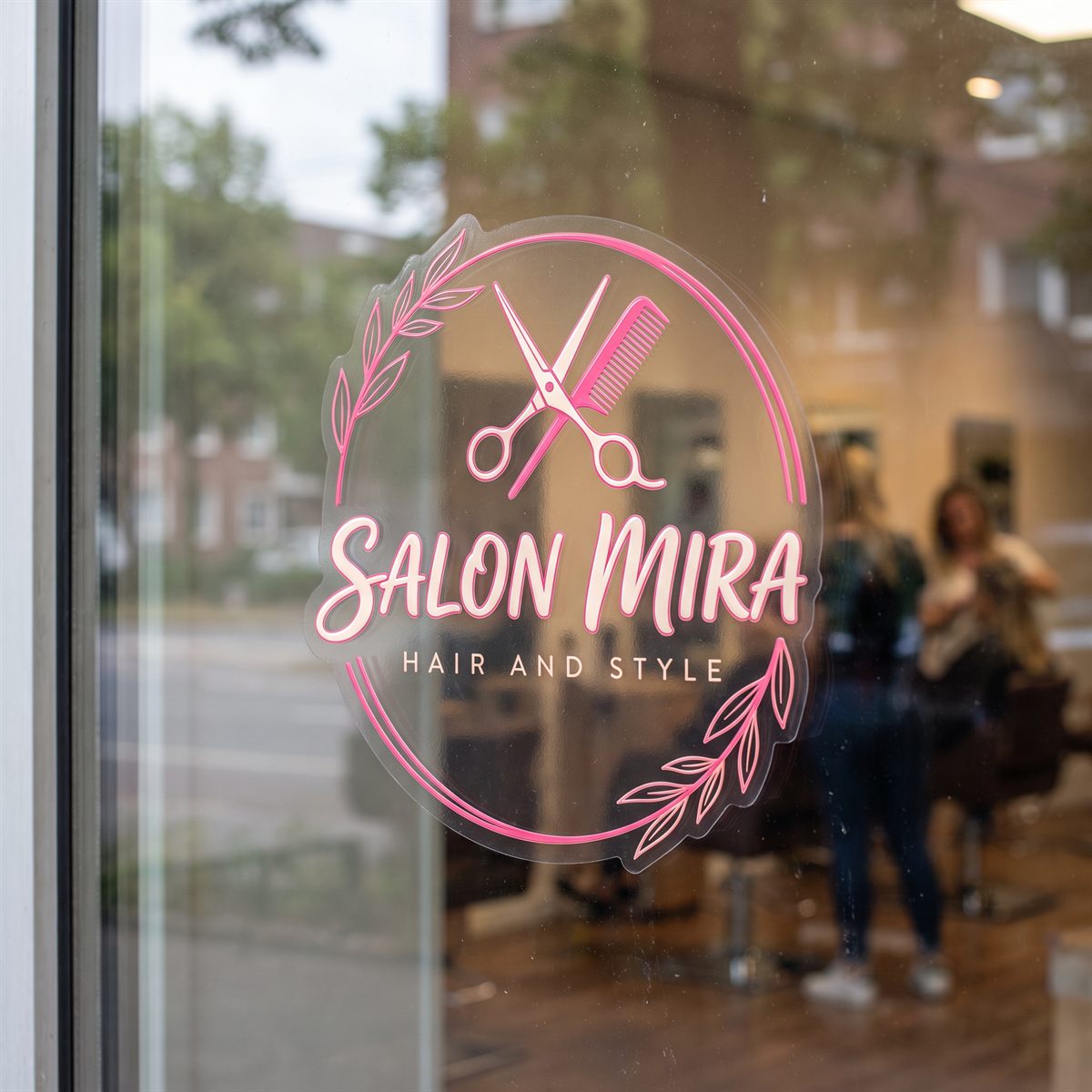 Schaufenster eines Friseursalons mit transparentem UV-DTF Rub-on Aufkleber, pinkes Logo