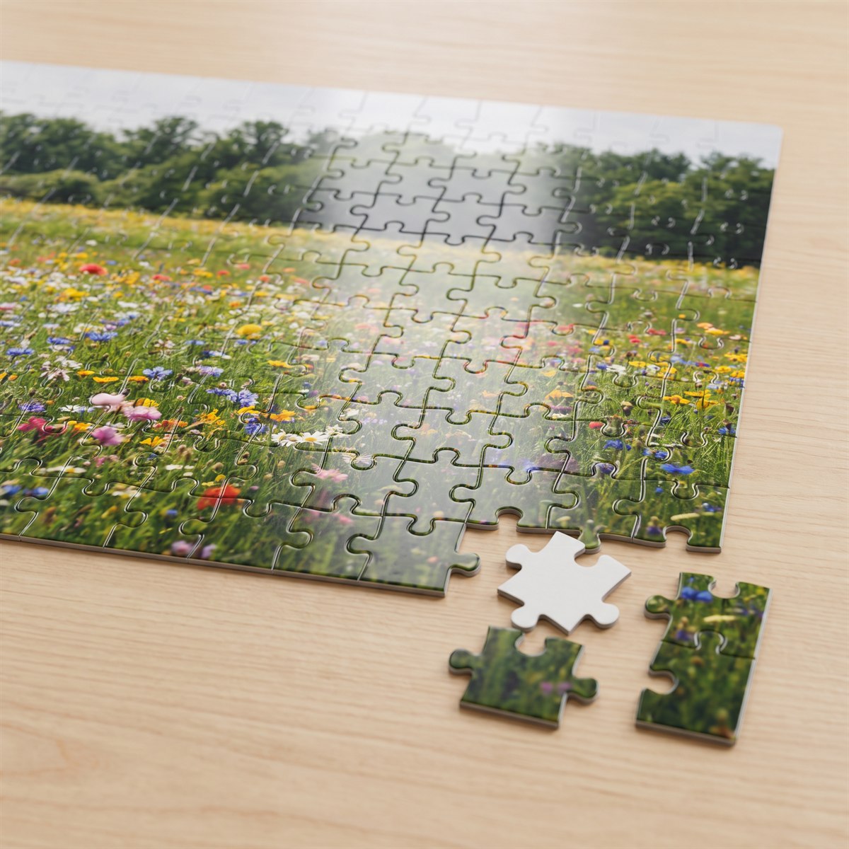 Photo jigsaw puzzle with sublimation print, flower meadow, individual pieces beside it
