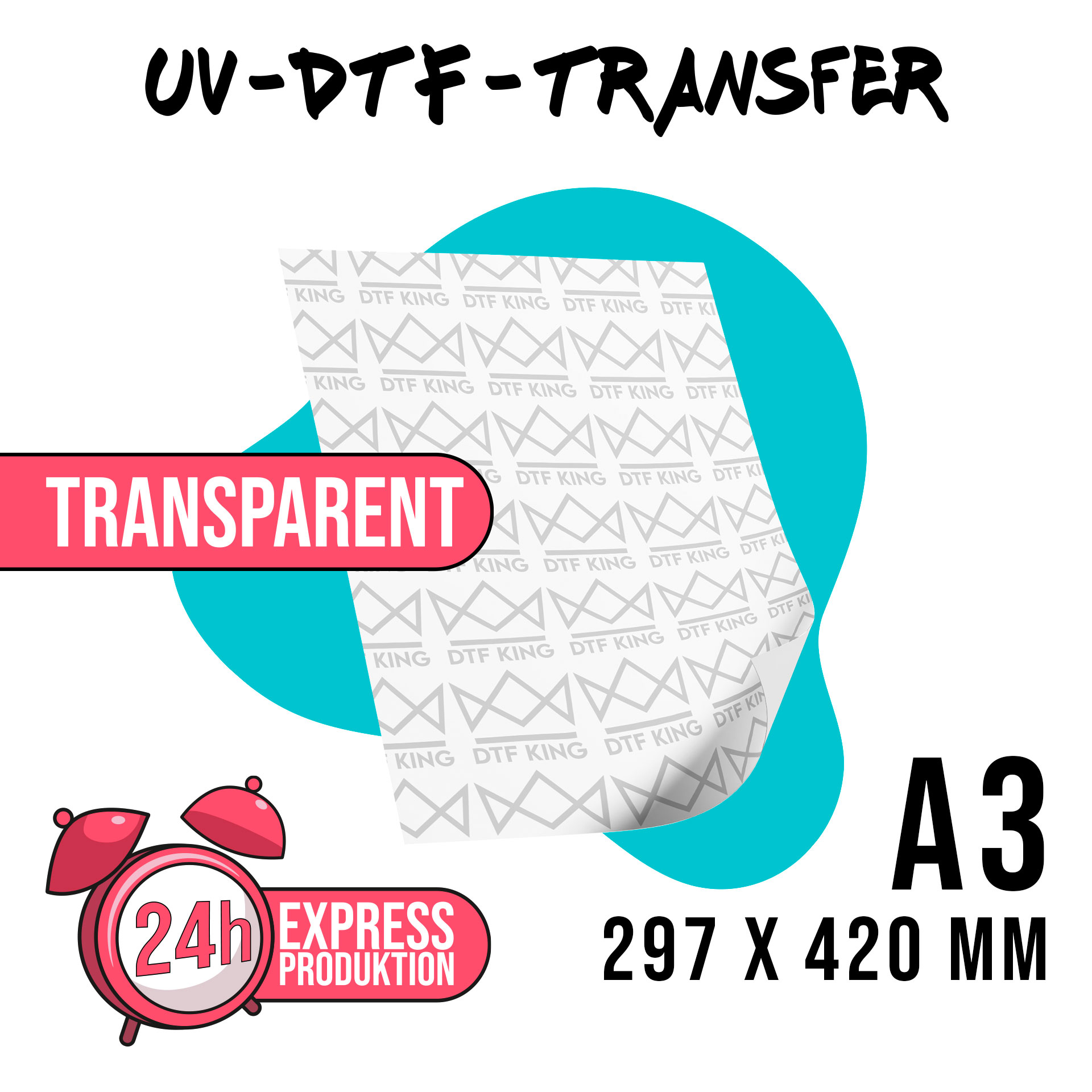 Einzelner Bogen transparenter UV-DTF-Folie im Format A3, mit Weckersymbol für die Expressproduktion