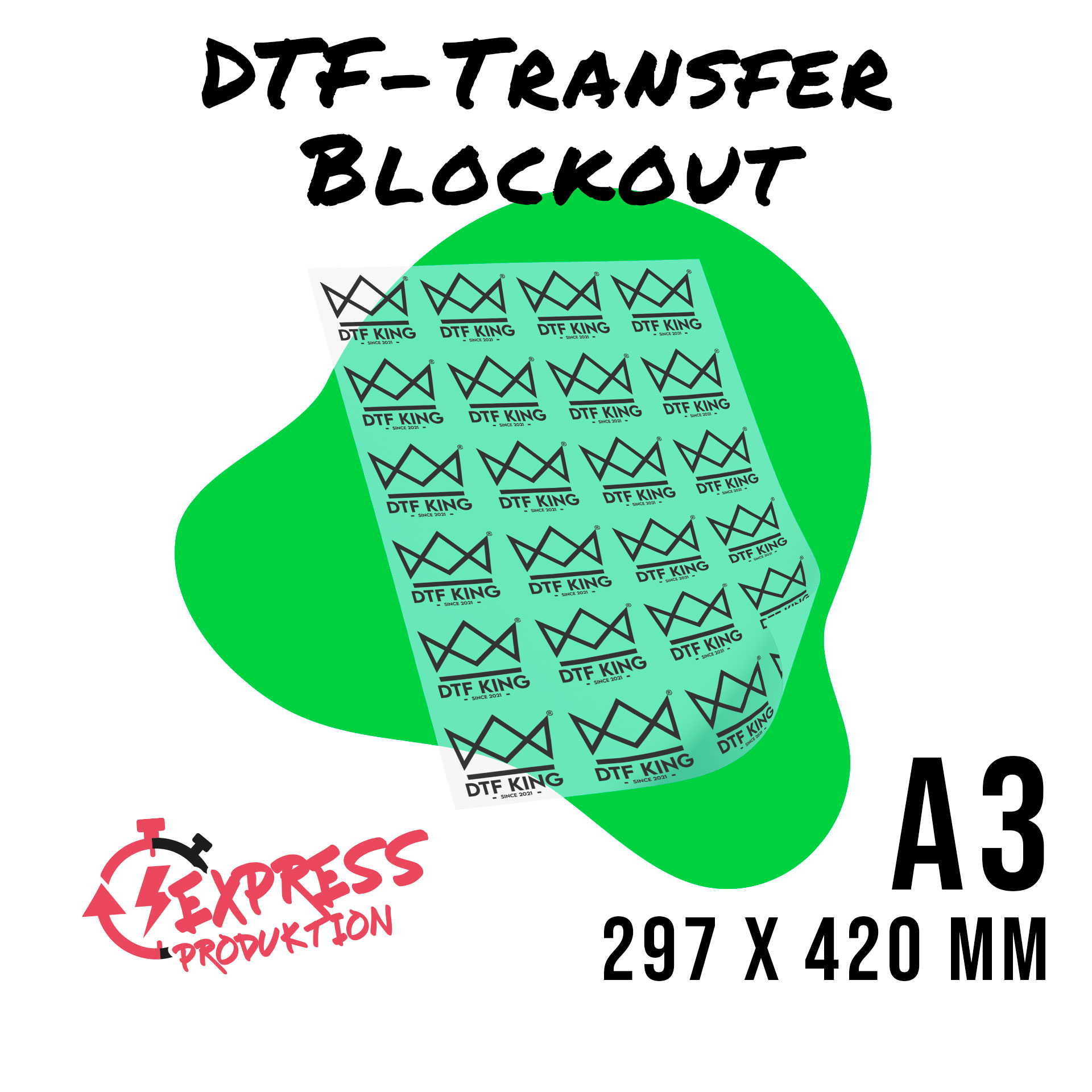 Printed Blockout DTF transfer film in A3 format, 297 x 420 mm, marked as express production