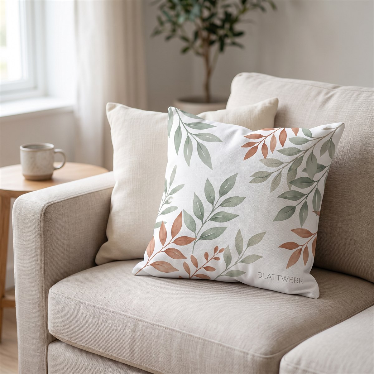 Cushion cover with sublimation print, botanical pattern on light polyester