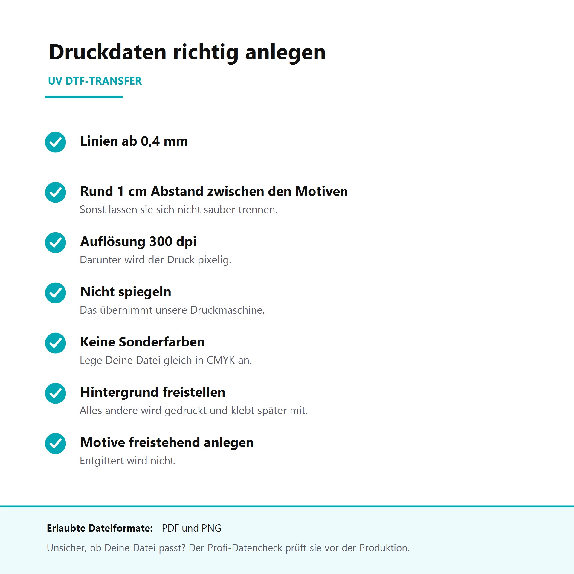 Infoblatt: Druckdaten für UV DTF Transfer glänzend und matt richtig anlegen. Linien ab 0,4 mm, rund 1 cm Abstand zwischen den Motiven, 300 dpi, nicht spiegeln, CMYK, freistehende Motive. Dateiformate PDF und PNG.