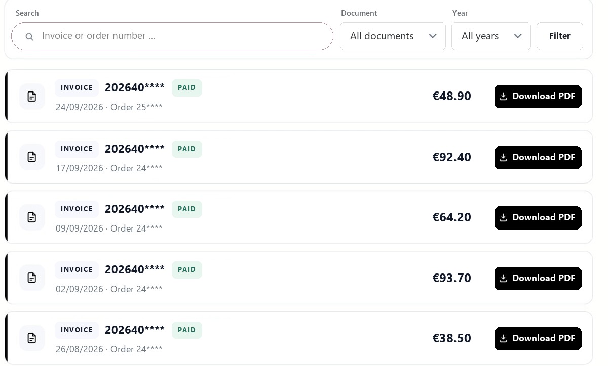 List of invoices in the DTF-King customer account with a button to download each PDF
