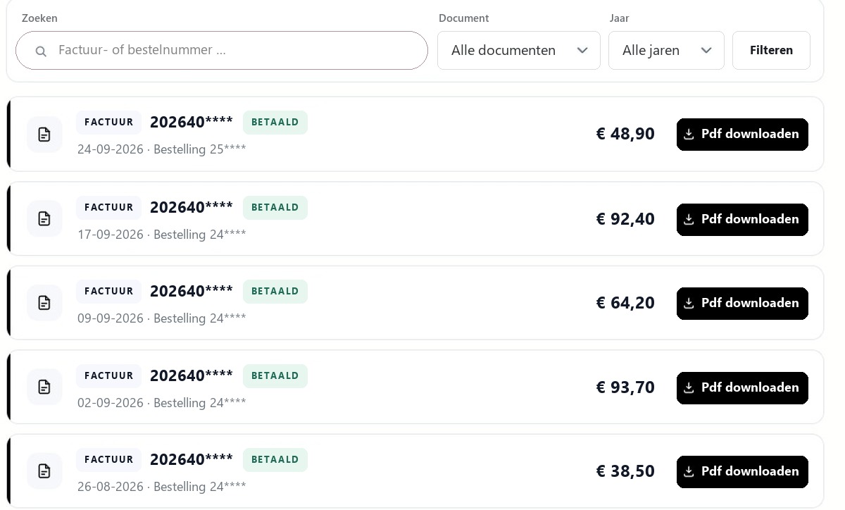 Lijst met facturen in het DTF-King-klantaccount met knop om de pdf te downloaden