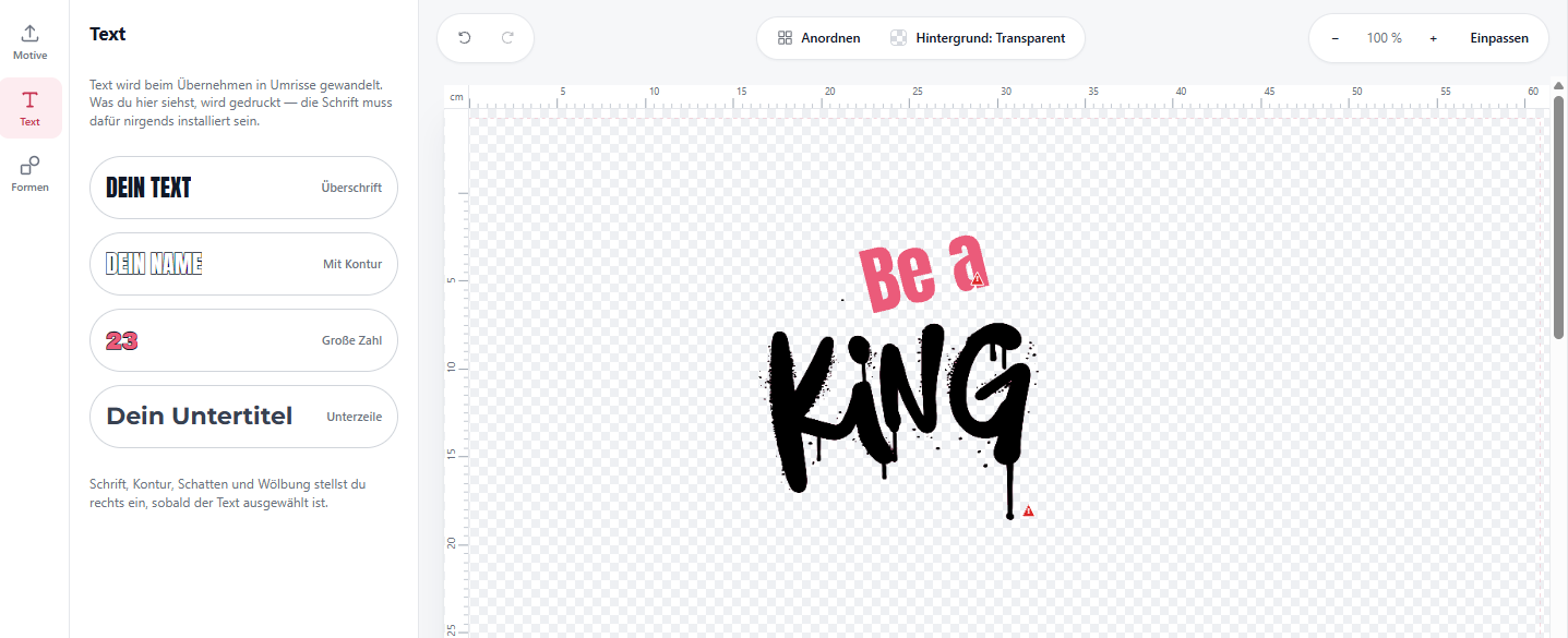 Text presets in the DTF Designer: heading, name with outline, large number, subtitle