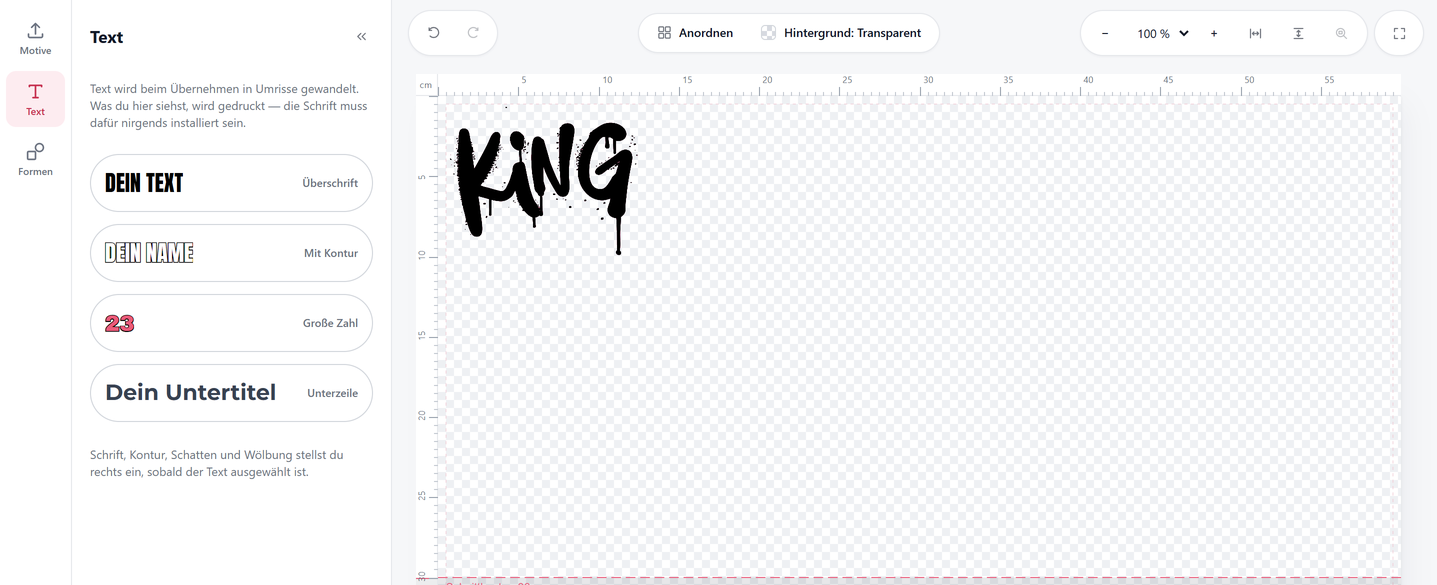 Text presets in the DTF Designer: heading, name with outline, large number, subtitle