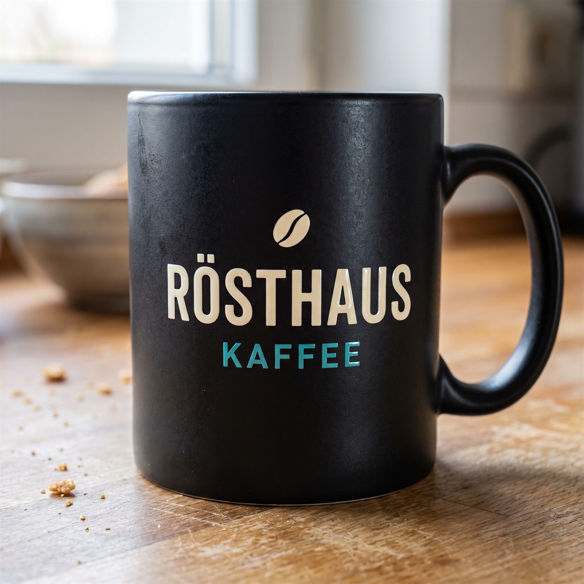 Black ceramic mug with a Standard UV DTF rub-on sticker, cream lettering of a coffee roastery