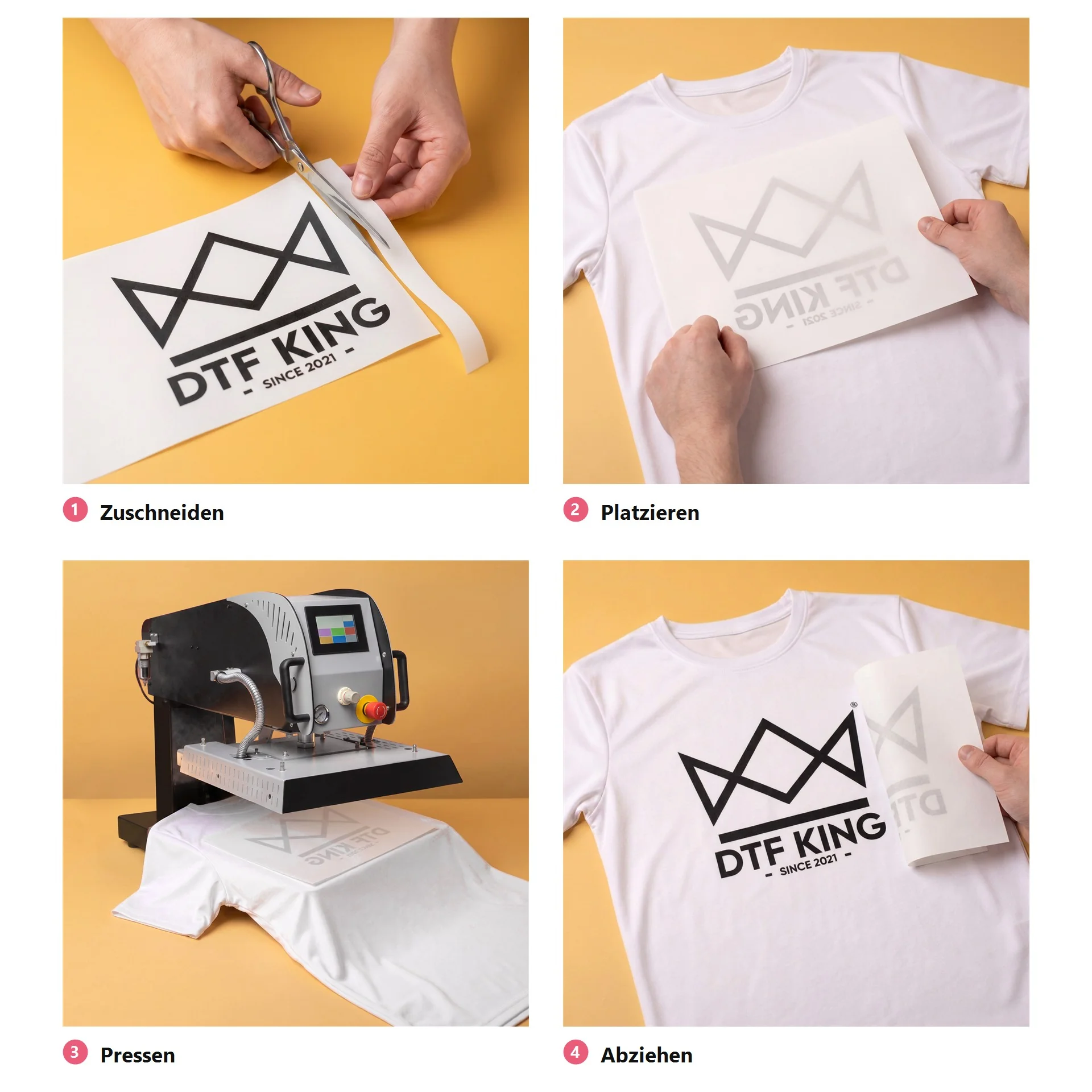 Applying a sublimation transfer in four steps: cut out, position, press, peel off the paper