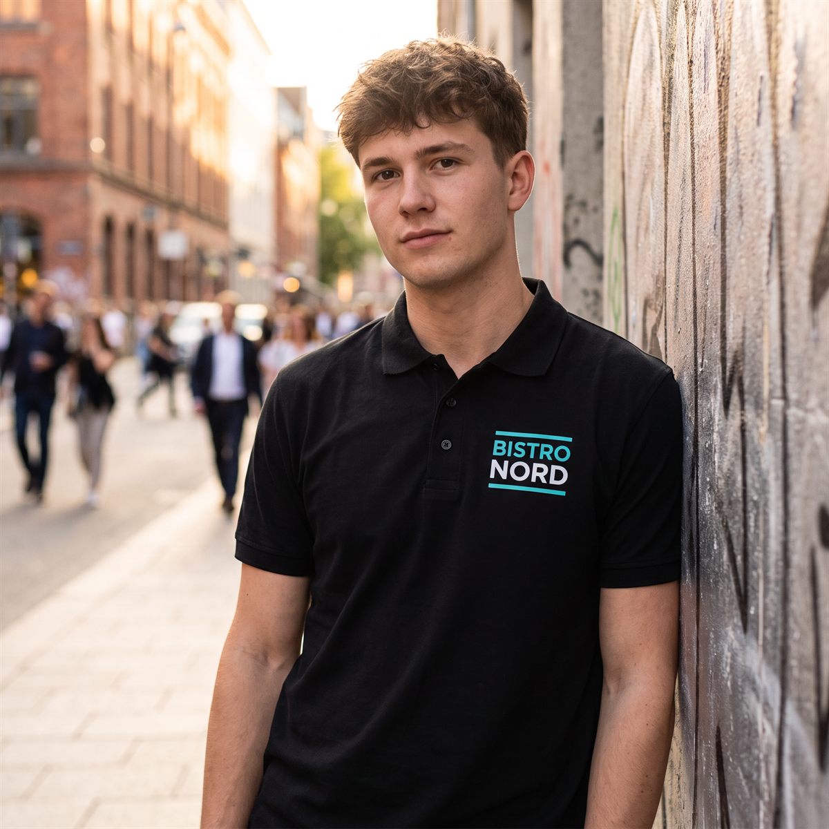 Black polo shirt printed with a DTF transfer, company logo in turquoise and white on the chest