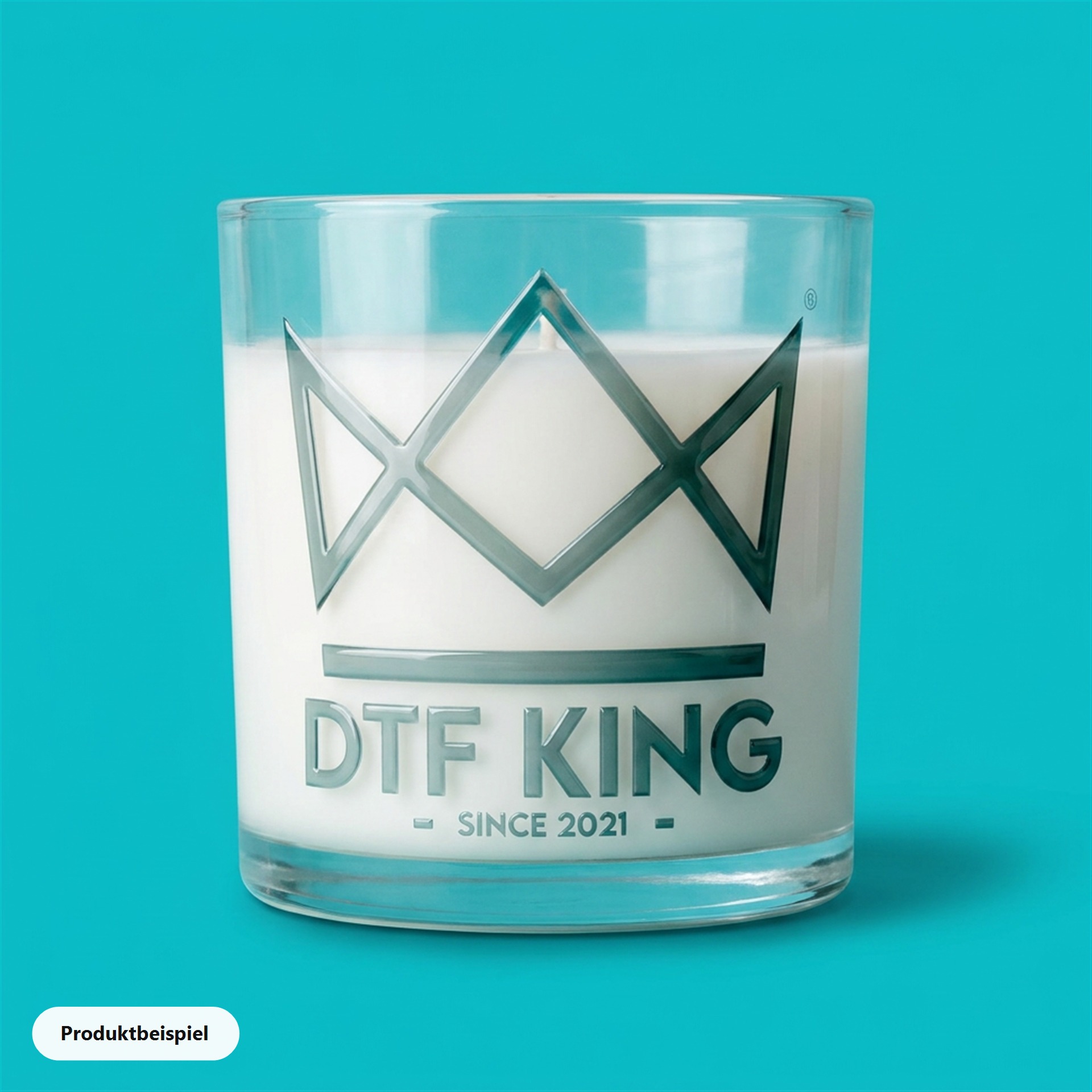 Kerzenglas mit transparentem UV DTF Transfer ohne Weißunterdruck, Produktbeispiel