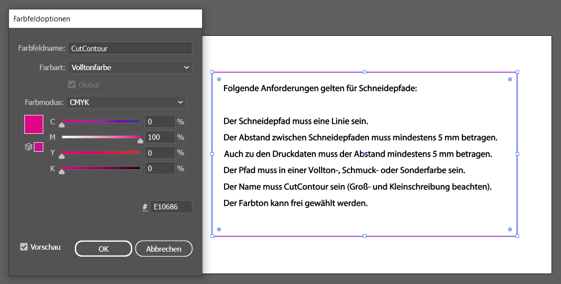 Swatch options with the spot colour CutContour in CMYK and the requirements for cut paths