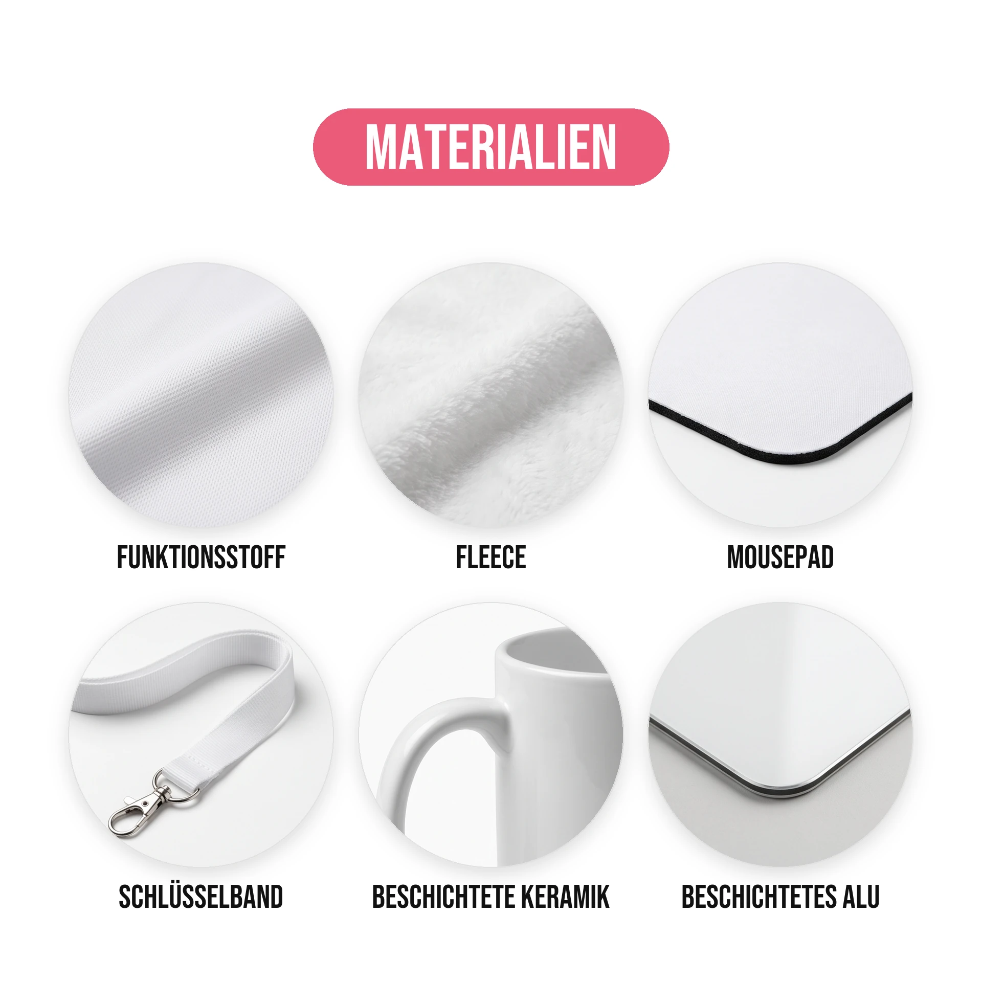 Matériaux adaptés à la sublimation : tissu technique clair, polaire, tapis de souris, tour de cou, céramique revêtue et aluminium revêtu
