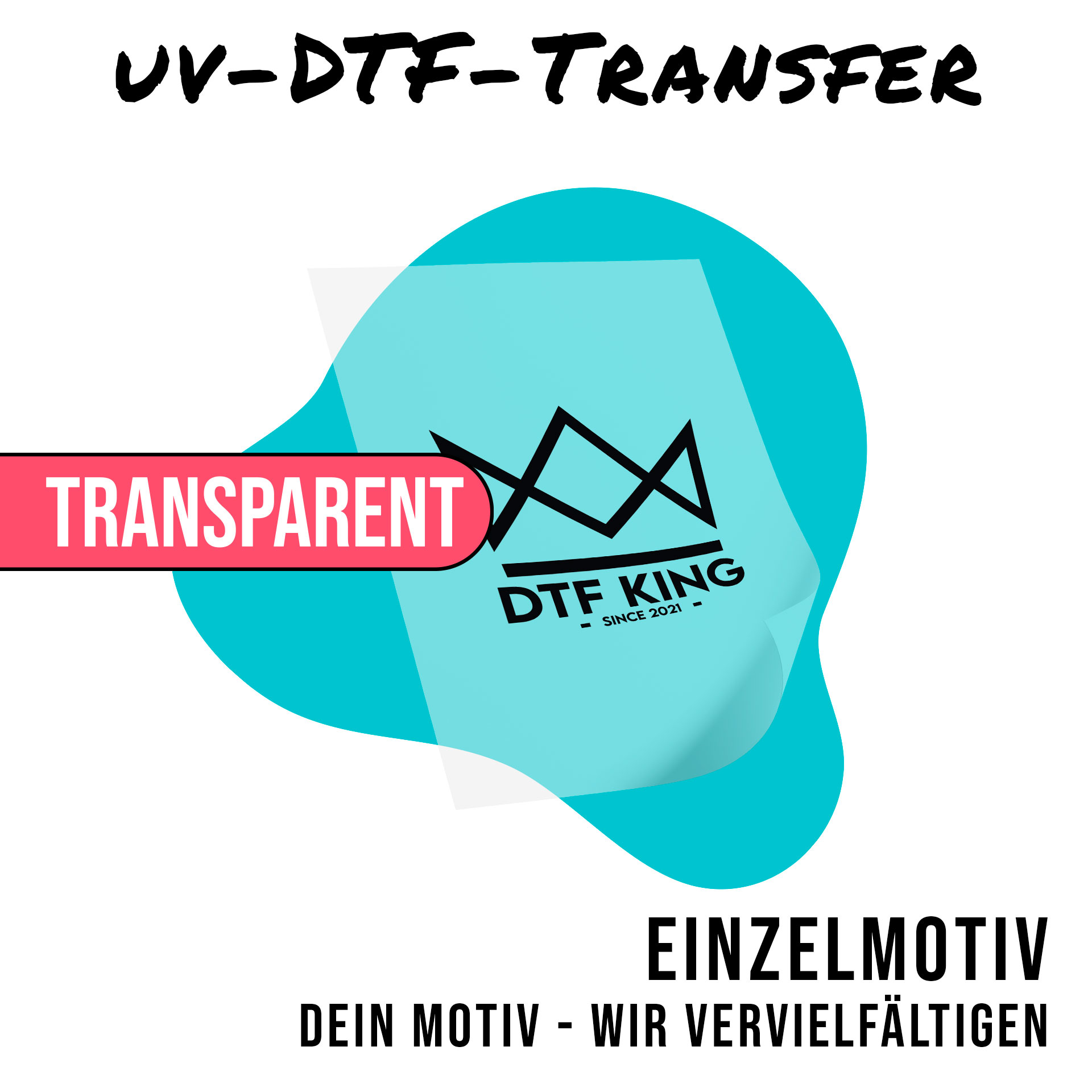 Single transparent UV DTF rub-on design with the DTF-King crown logo