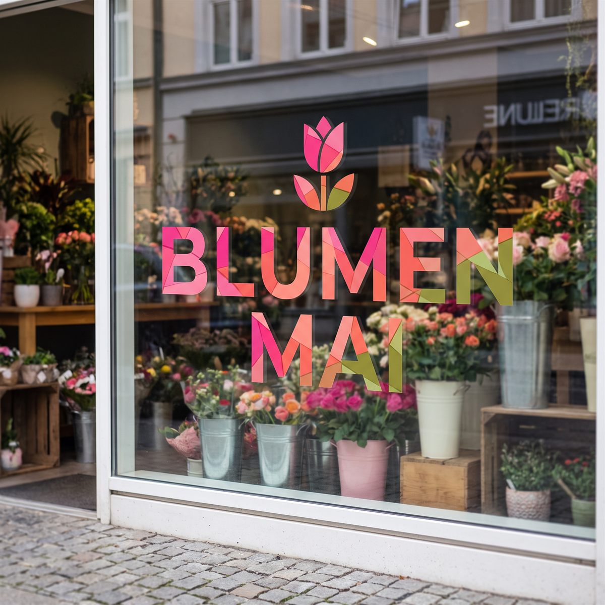 Florist shop window with a matt UV DTF rub-on sticker, coloured lettering