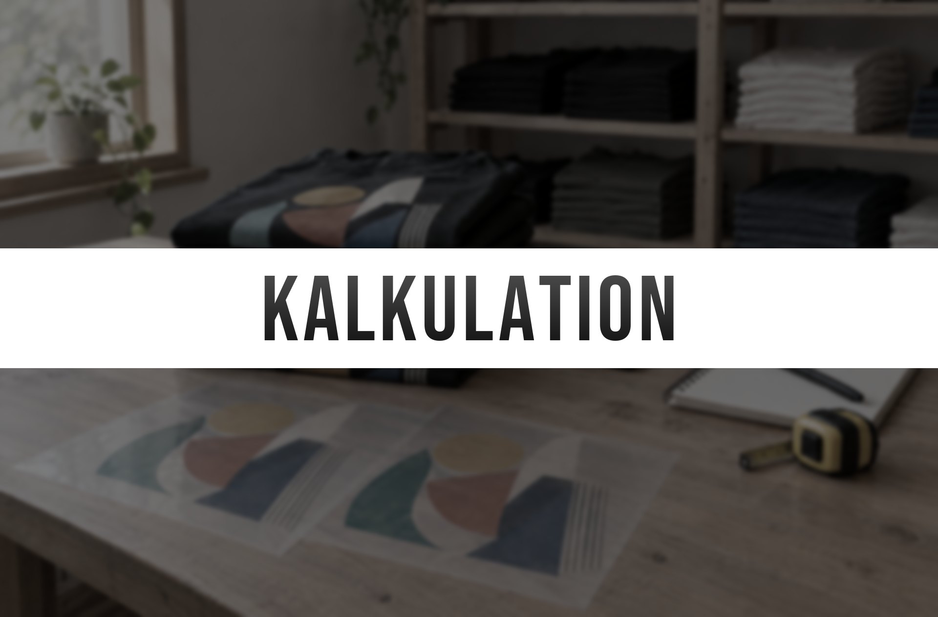 Arbeitstisch mit gestapelten bedruckten T-Shirts und zwei Transferbogen, darüber der Schriftzug Kalkulation