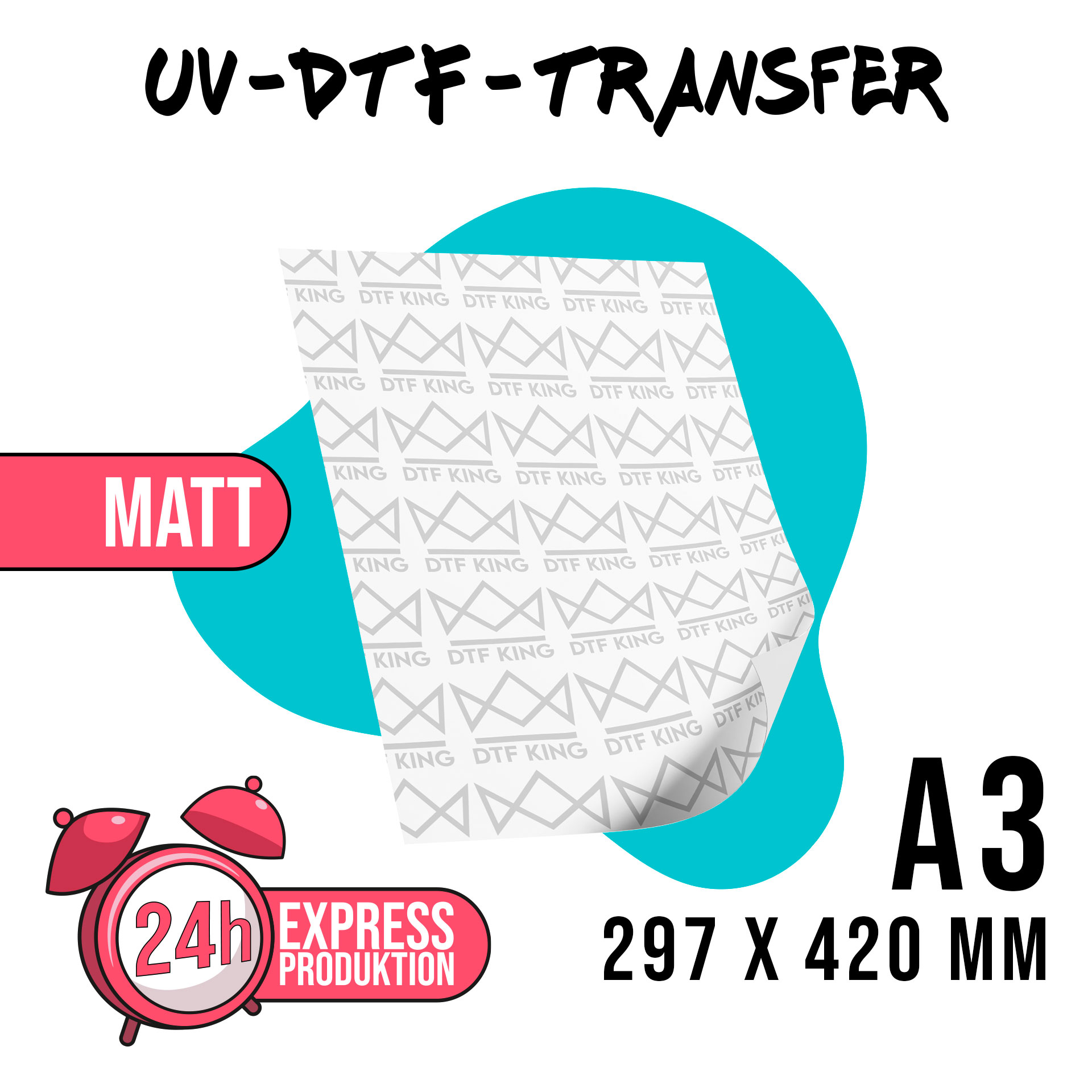 Einzelner Bogen matte UV-DTF-Folie im Format A3, mit Weckersymbol für die Expressproduktion