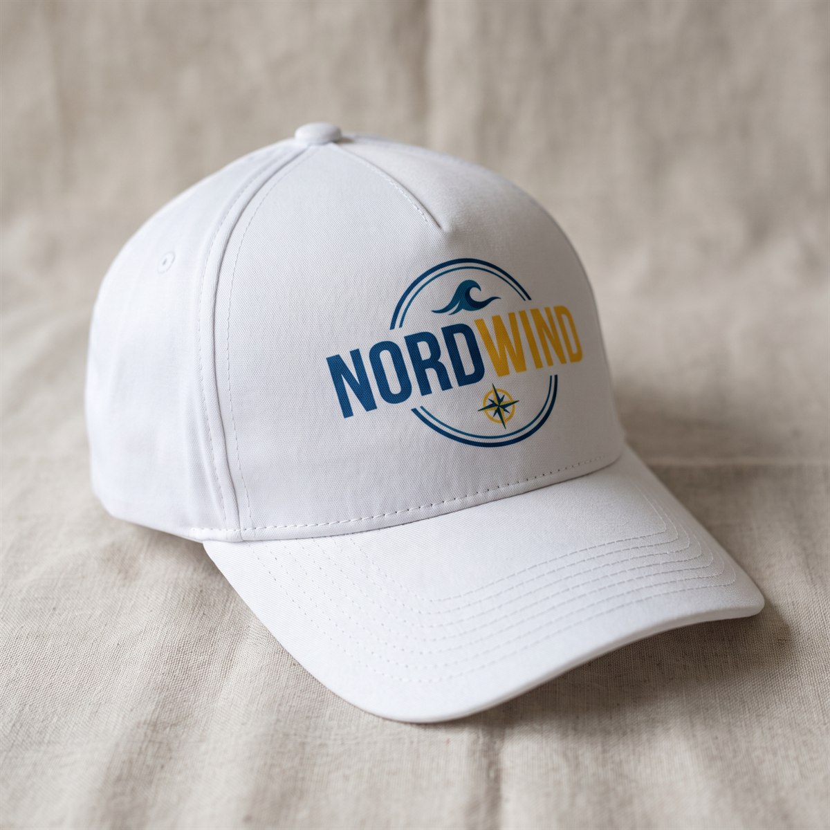 White cap with sublimation print, crest on the front panel