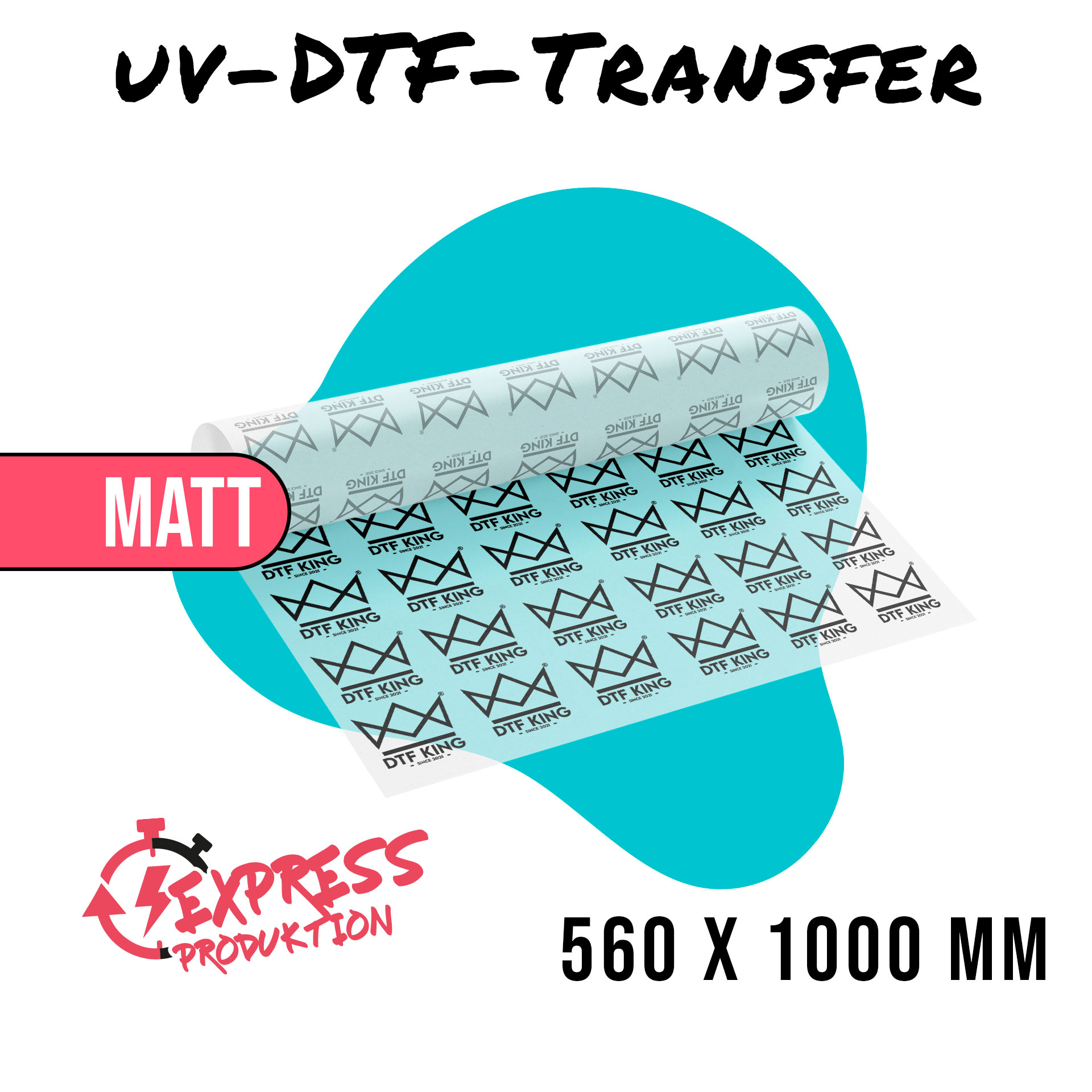 Printed matt UV DTF rub-on film in 560 x 1000 mm format, marked as express production