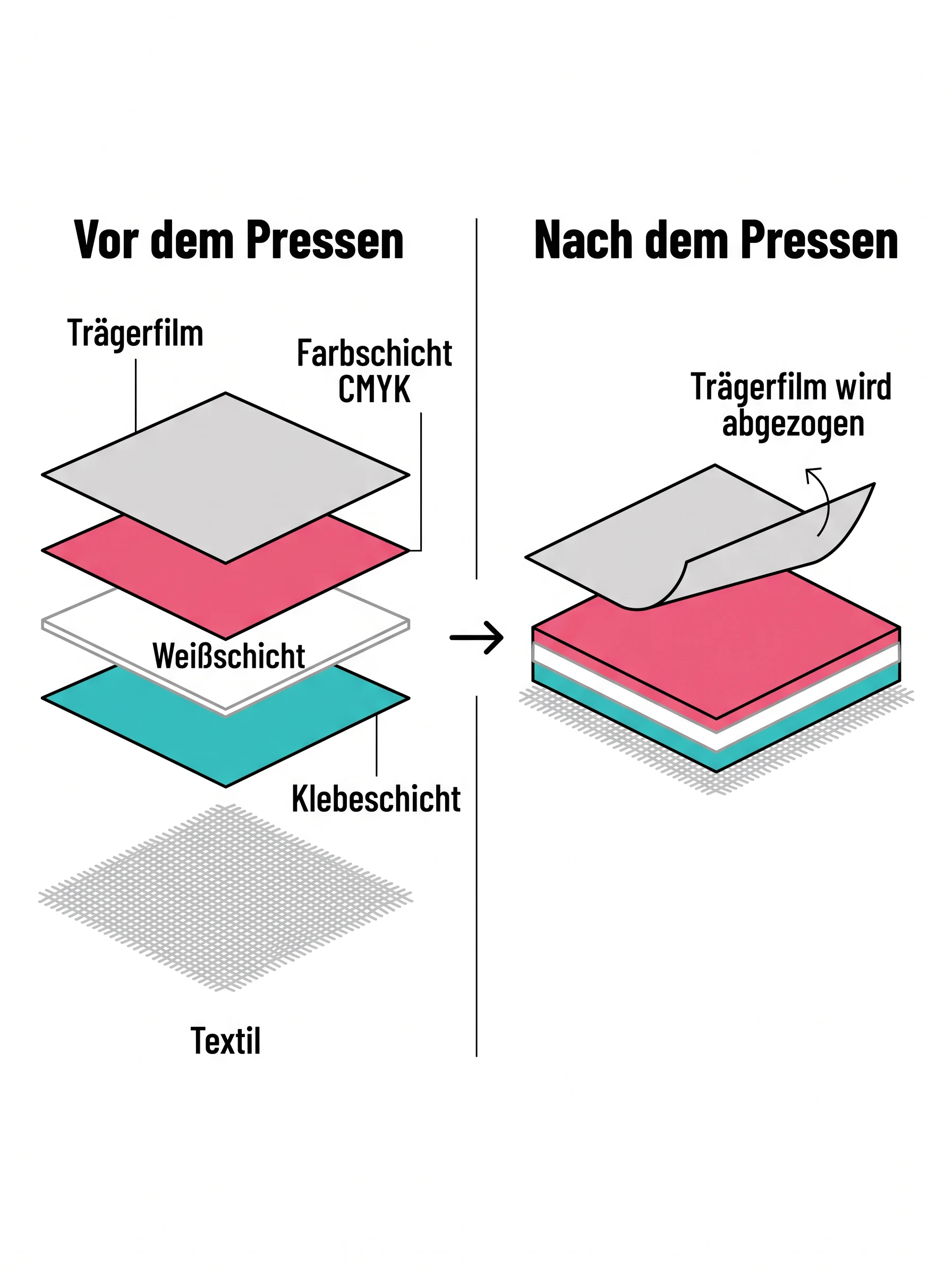 Schichtaufbau eines DTF-Transfers vor und nach dem Pressen: Trägerfilm, Farbschicht CMYK, Weißschicht und Klebeschicht auf dem Textil, der Trägerfilm wird abgezogen