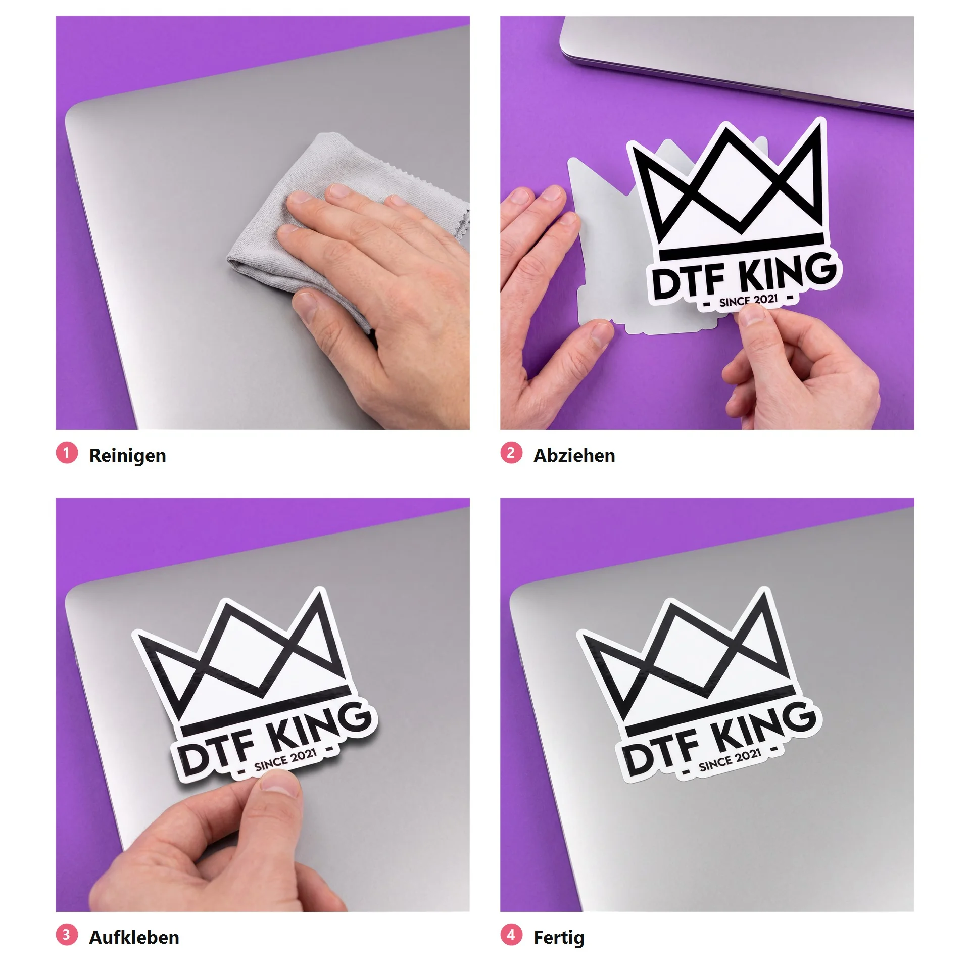 Vinyl-Sticker aufkleben in vier Schritten: Fläche reinigen, Sticker abziehen, aufkleben, fertig