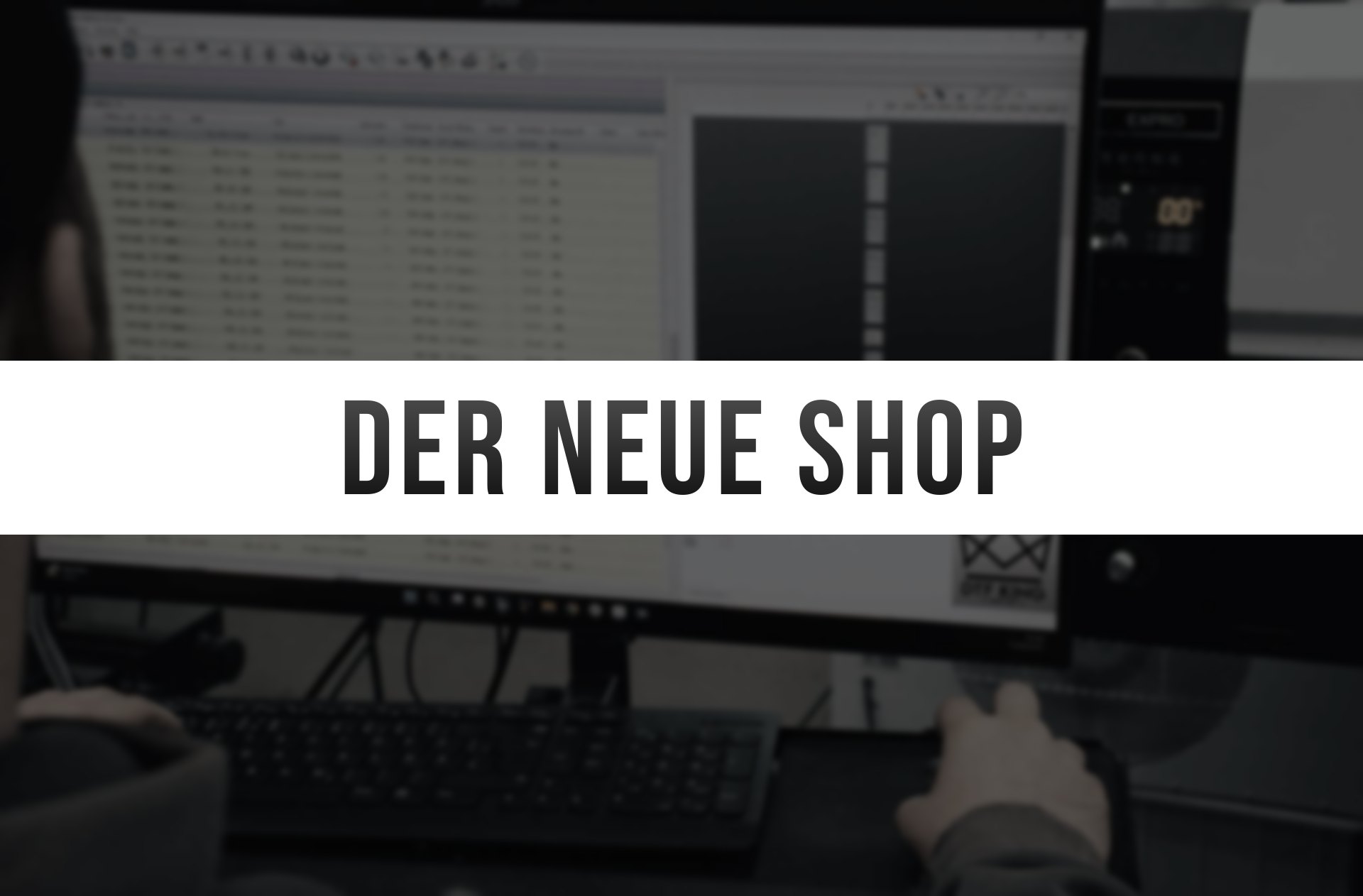 Bildschirm in der DTF-King-Produktion, darüber der Schriftzug Der neue Shop