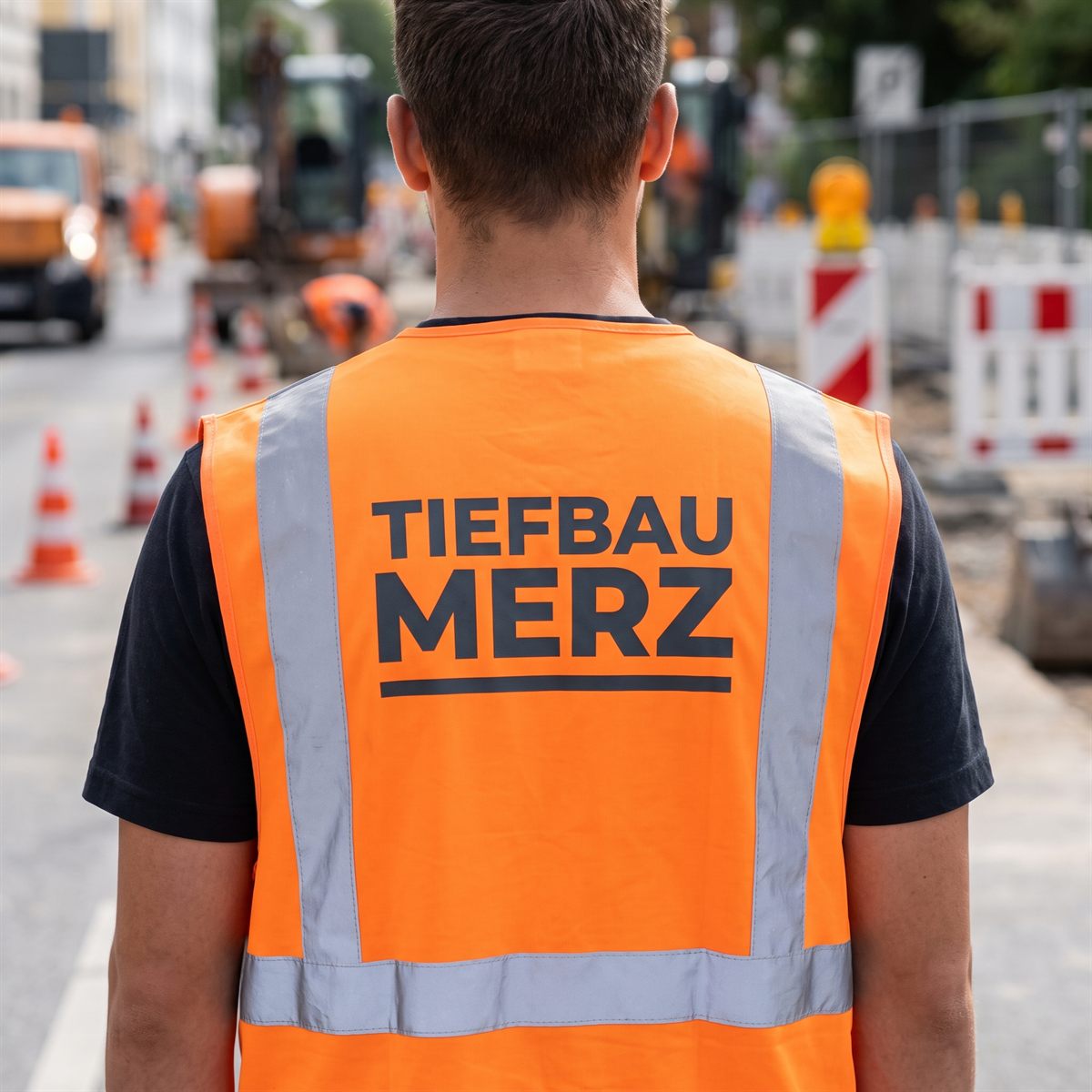 Orange hi-vis vest printed with Blockout DTF, dark company lettering between the reflective strips