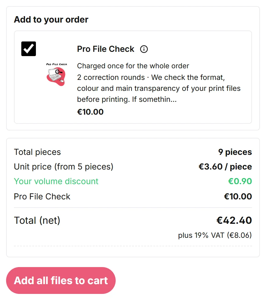 Screenshot: Pro File Check ticked, total and the ‘Add all files to cart’ button