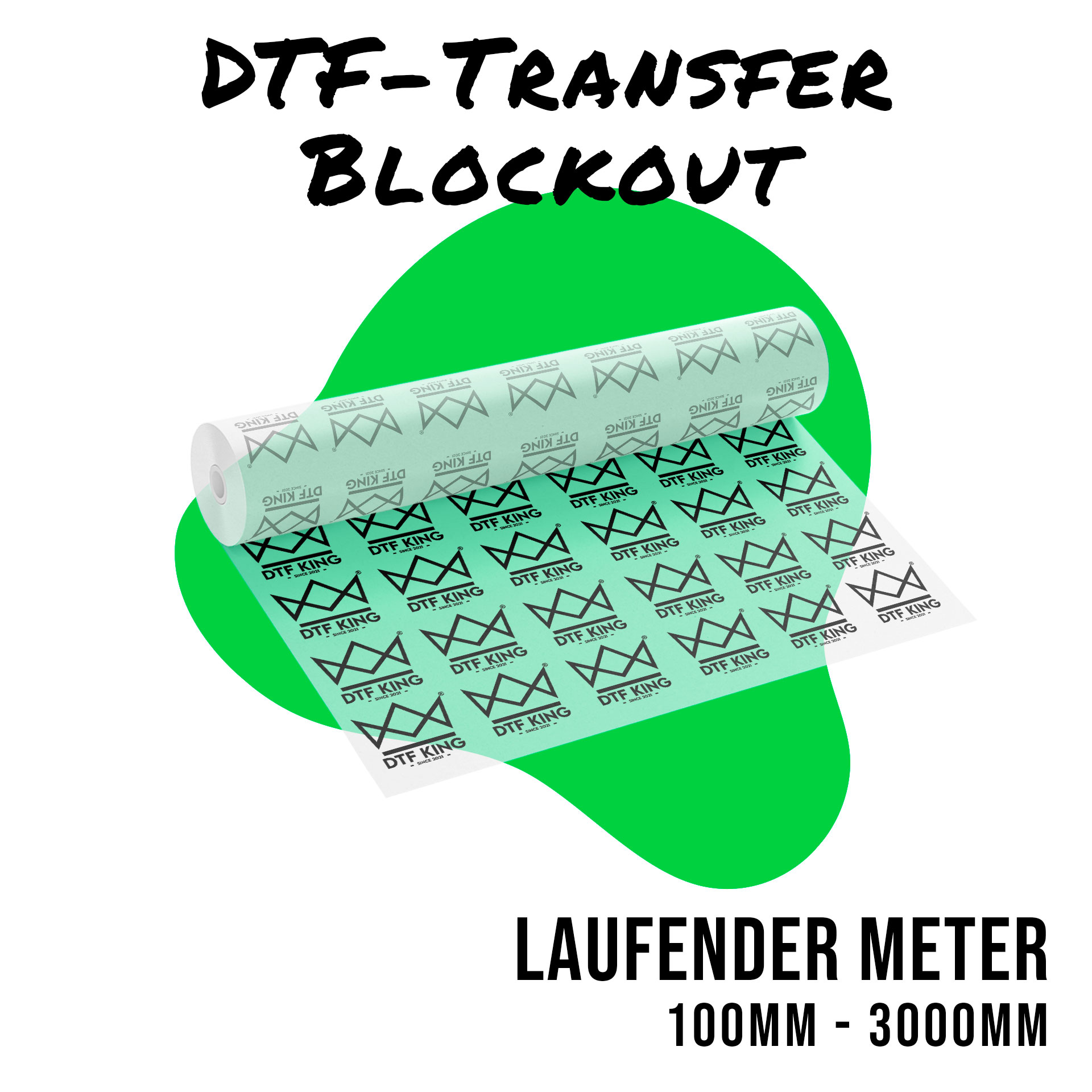 Roll of printed Blockout DTF transfer film as a custom length, from 100 to 3000 mm long