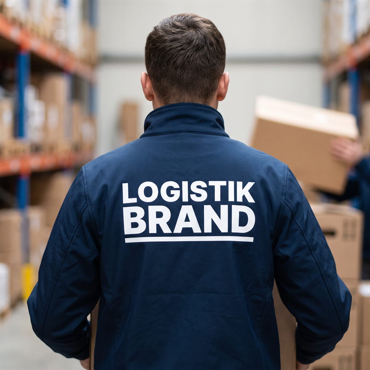 Navy work jacket with a Blockout DTF back print, white company lettering