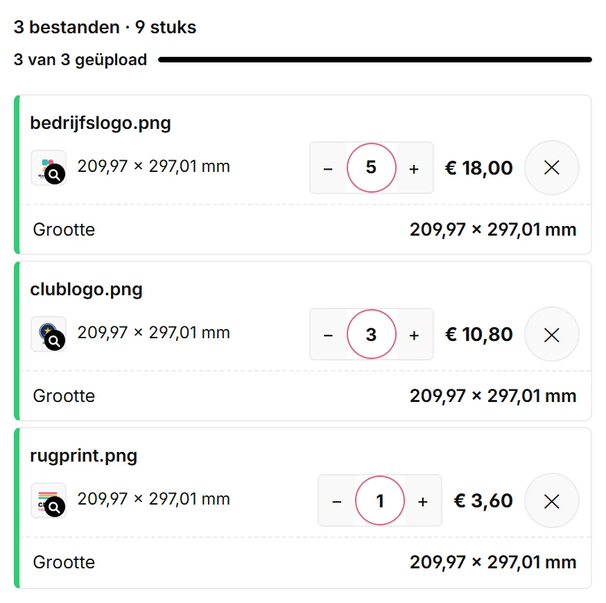 Screenshot: drie geüploade drukbestanden met aantal, prijs en afmetingen