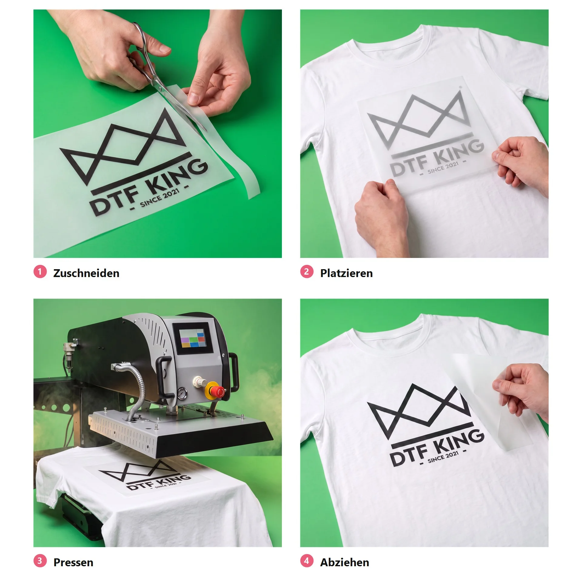 Applying a Blockout DTF transfer in four steps: cut out, position, press, peel off the film