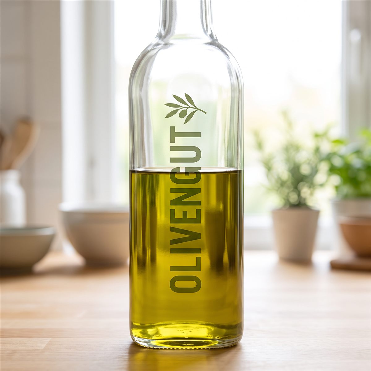 Glass oil bottle with a transparent UV DTF rub-on sticker, the oil darkens the lower part of the lettering