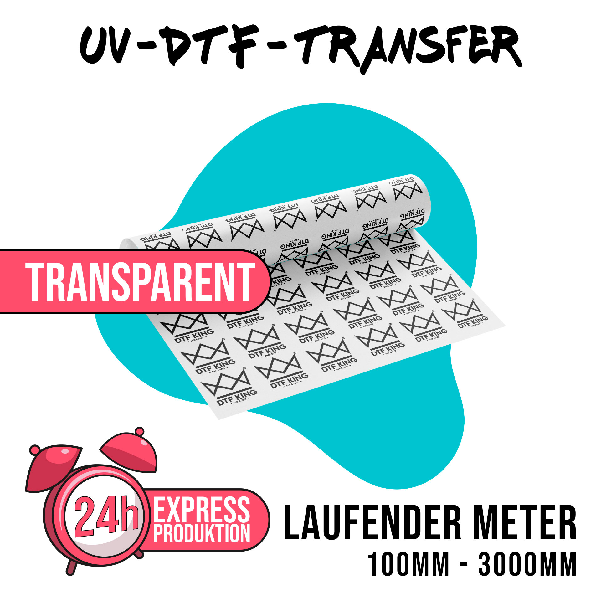 Transparente UV-DTF-Bahn mit Weckersymbol für die Produktion innerhalb von 24 Stunden