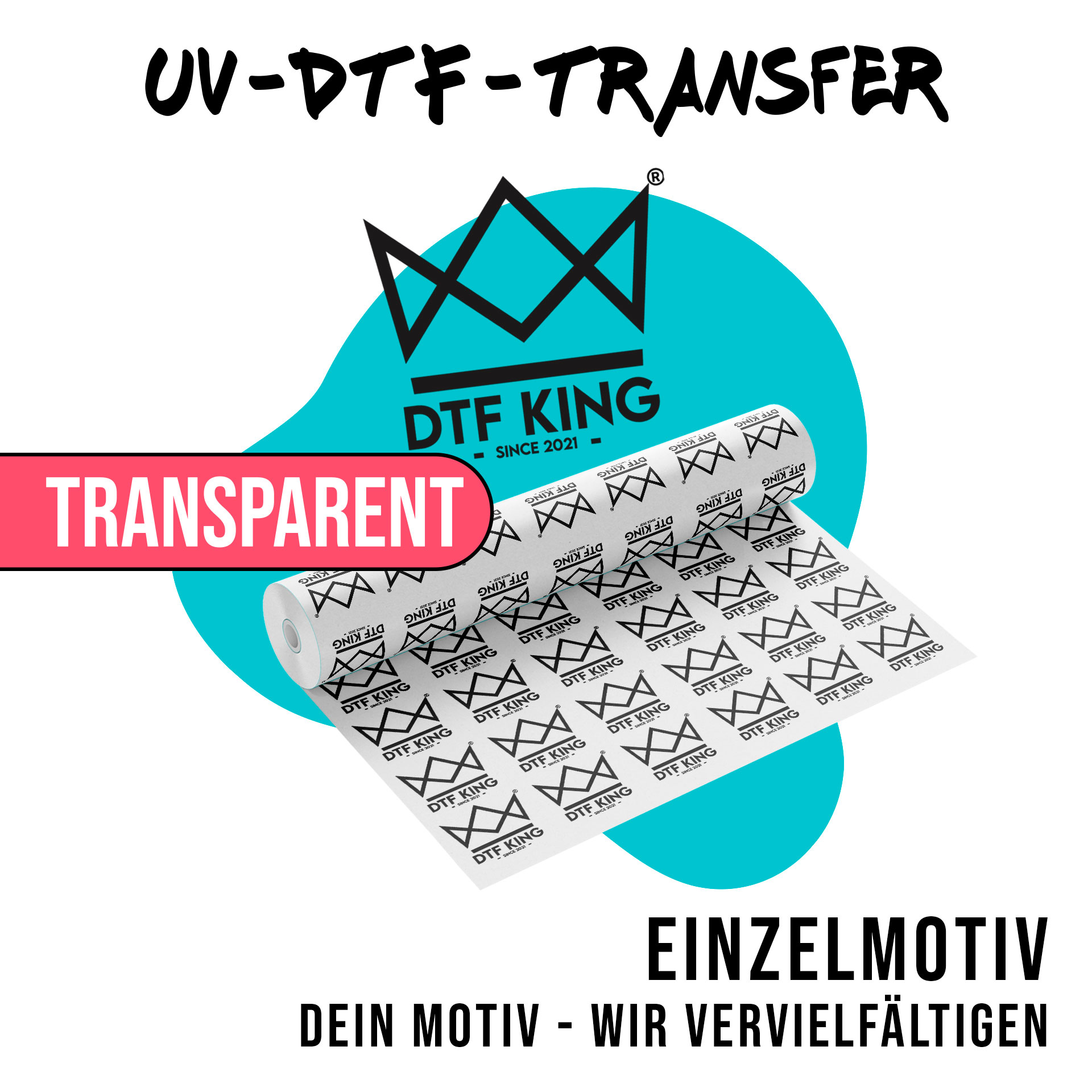 Rolle transparenter UV-DTF-Folie, die Logos schimmern hell durch den Träger