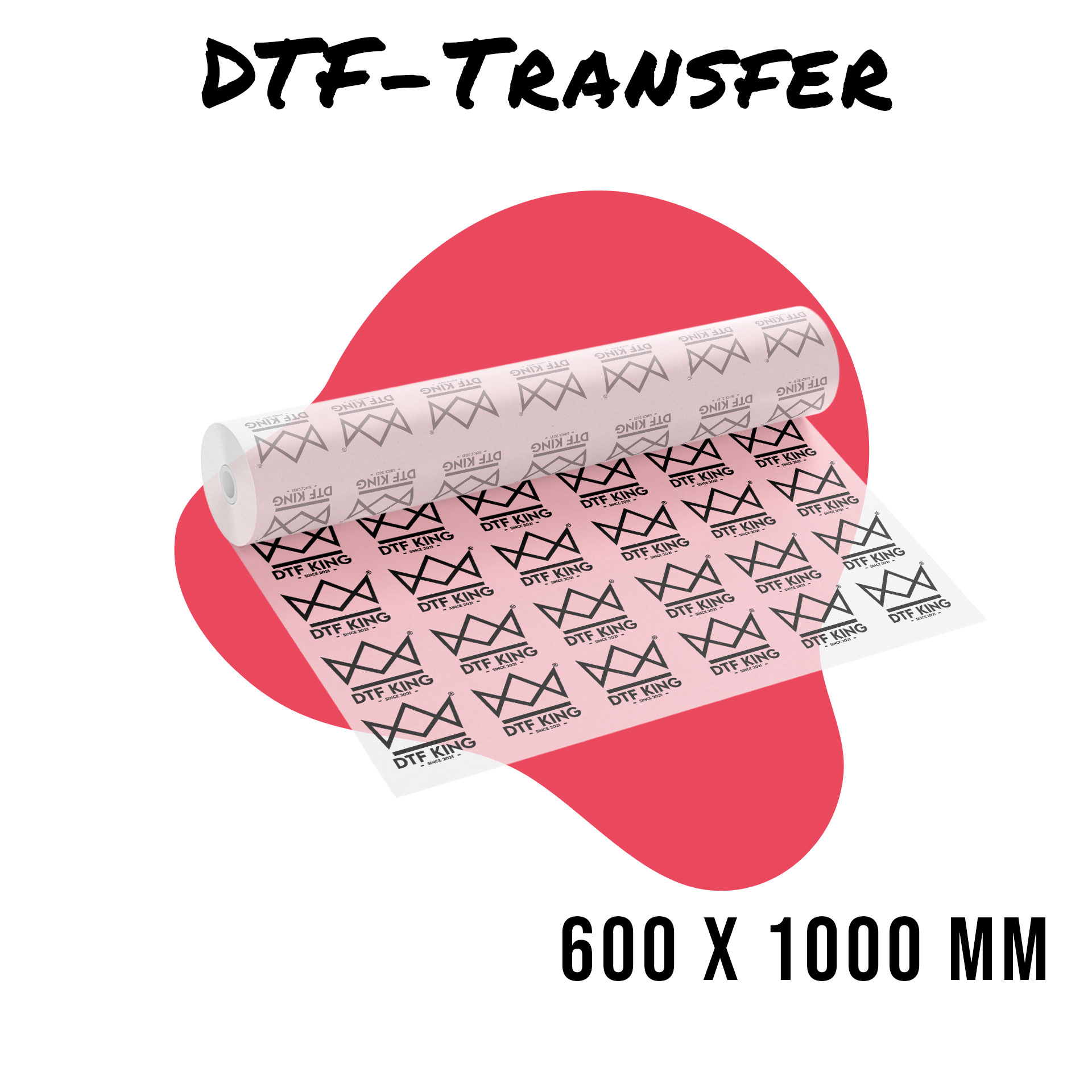 Rolle bedruckter DTF-Transferfolie als Meterware 600 x 1000 mm, mit wiederholtem Kronenlogo von DTF-King