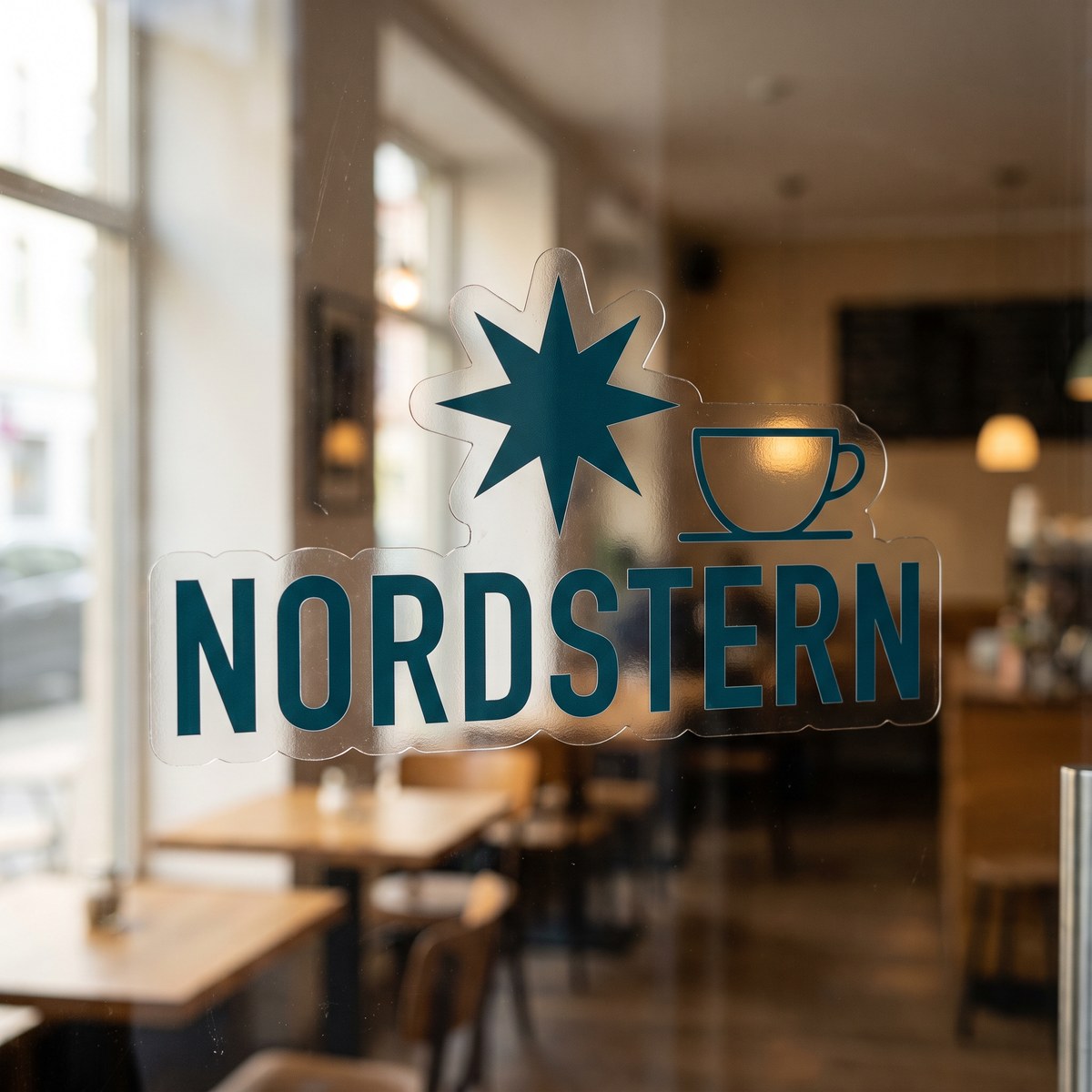 Konturgeschnittener Vinyl-Sticker auf transparenter Folie mit dem Logo einer Beispielfirma an einer Ladentür aus Glas