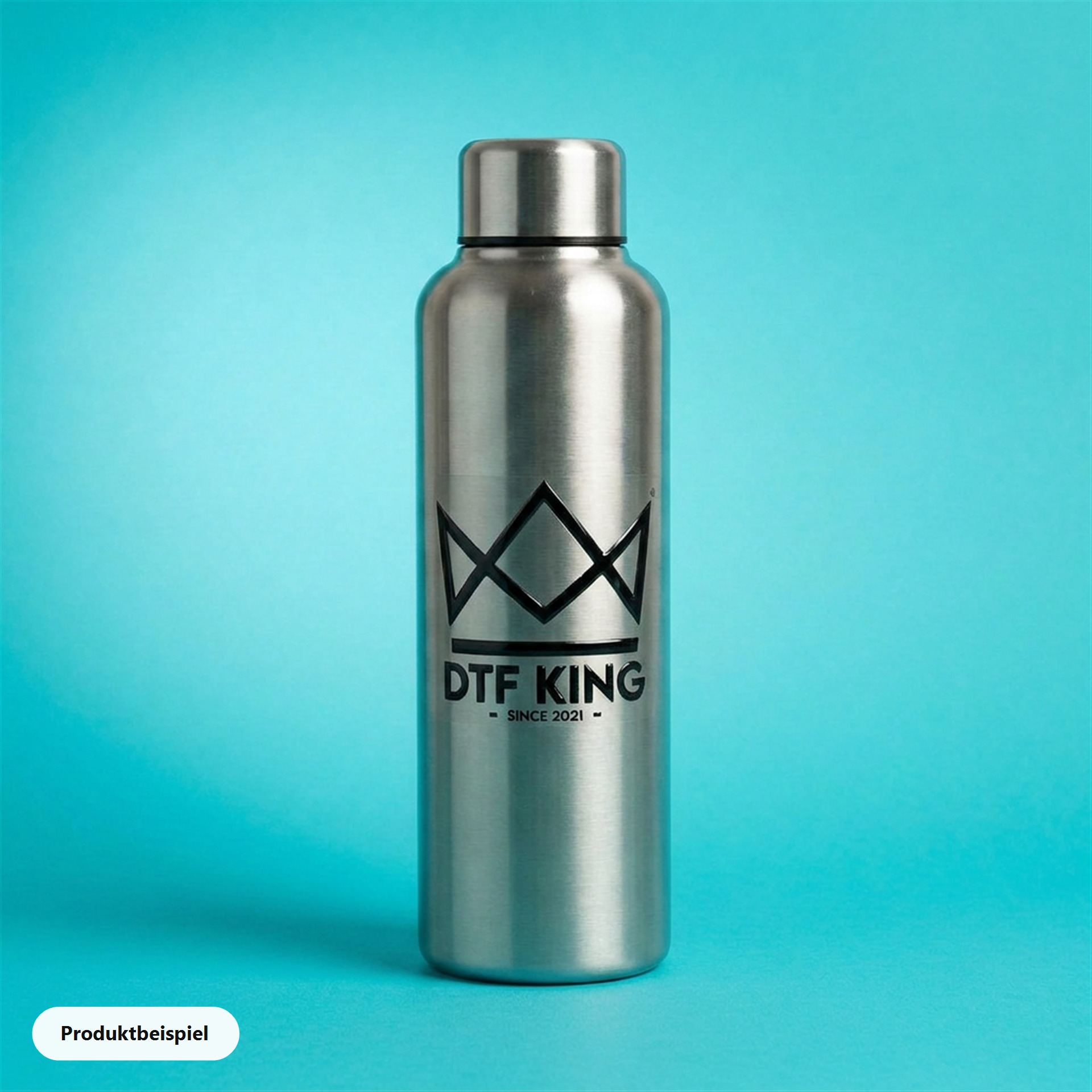 Edelstahl Trinkflasche mit glänzendem UV DTF Transfer, Produktbeispiel