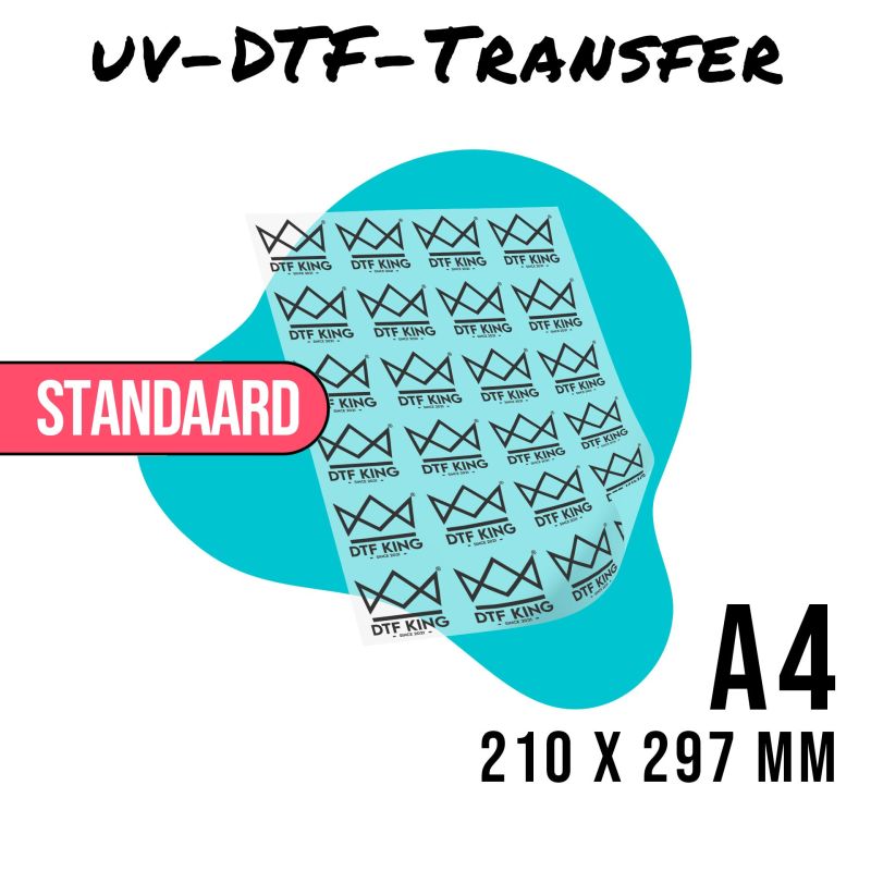 Bedrukte folie met UV-DTF-stickers in A4-formaat, 210 x 297 mm, met herhaald kroonlogo van DTF-King