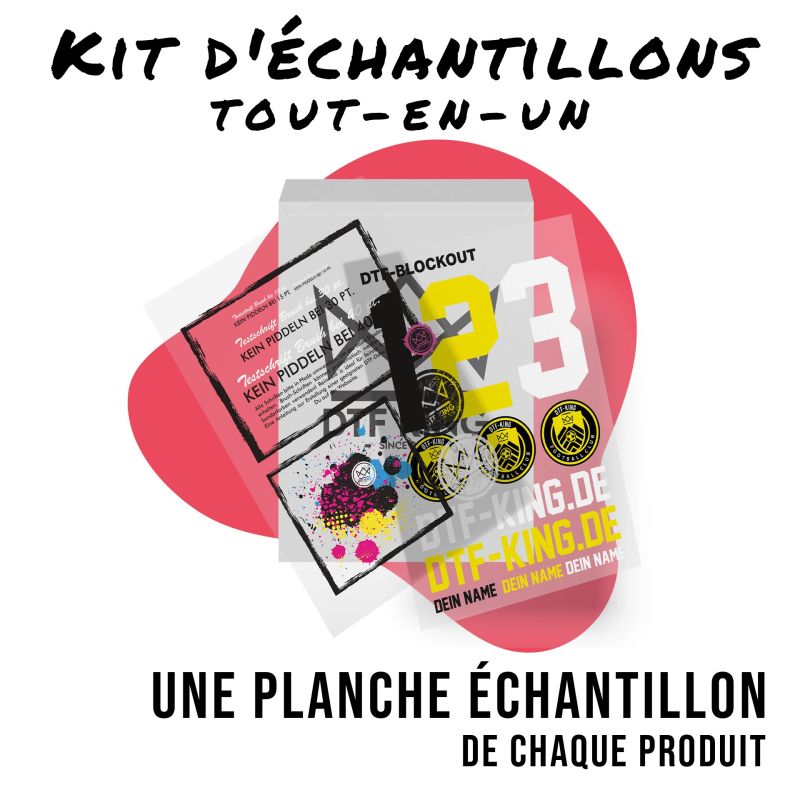 Kit d'échantillons Tout-en-un de DTF-King, pochette d'expédition avec des planches d'échantillons de tous les types de produits