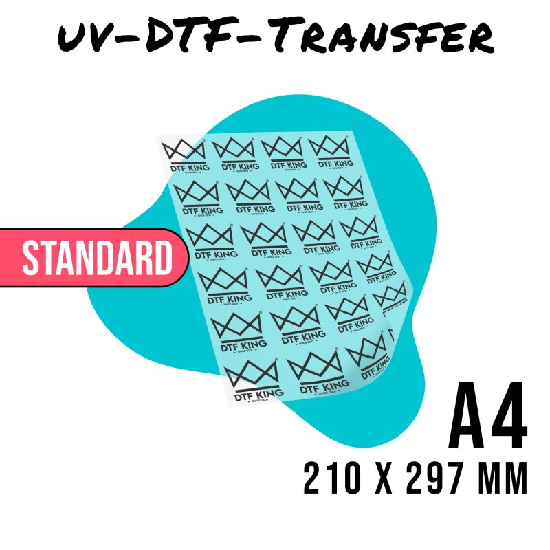Bedruckte UV-DTF-Rub-On-Folie im Format DIN A4 mit wiederholtem Kronenlogo von DTF-King